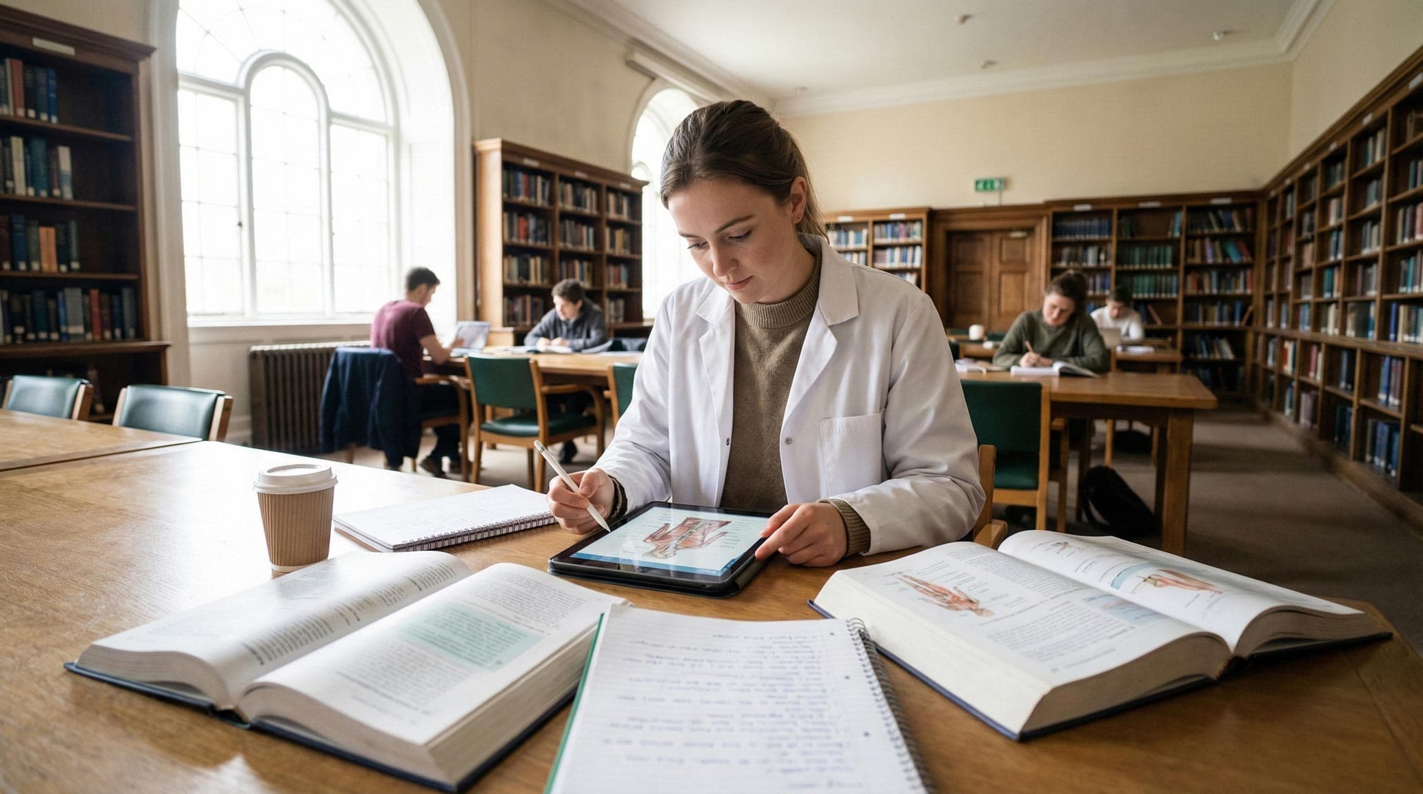 Medical student studying with textbooks and digital learning tools