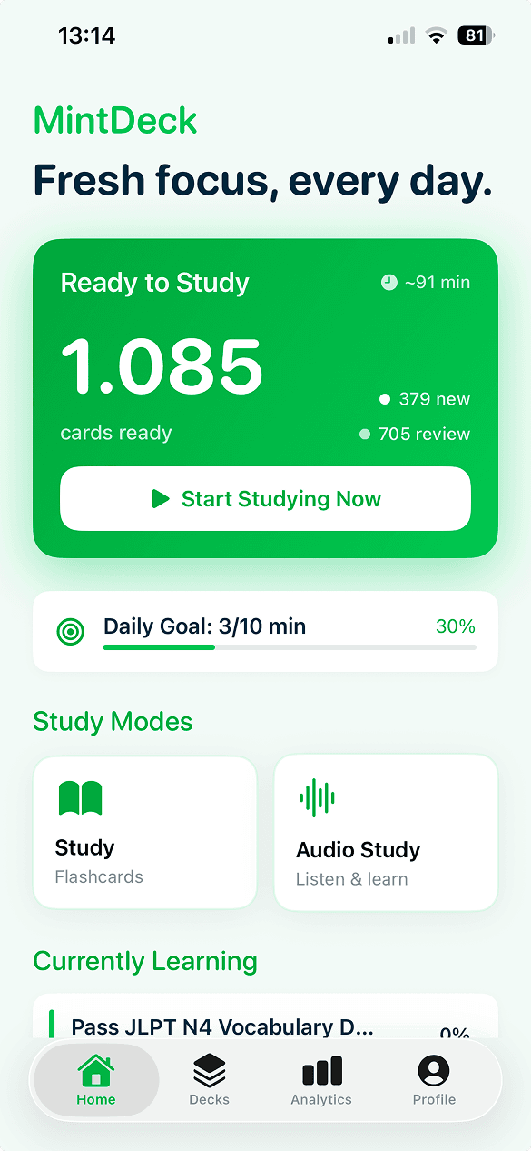 MintDeck app screenshot showing the home screen with study cards and daily goals