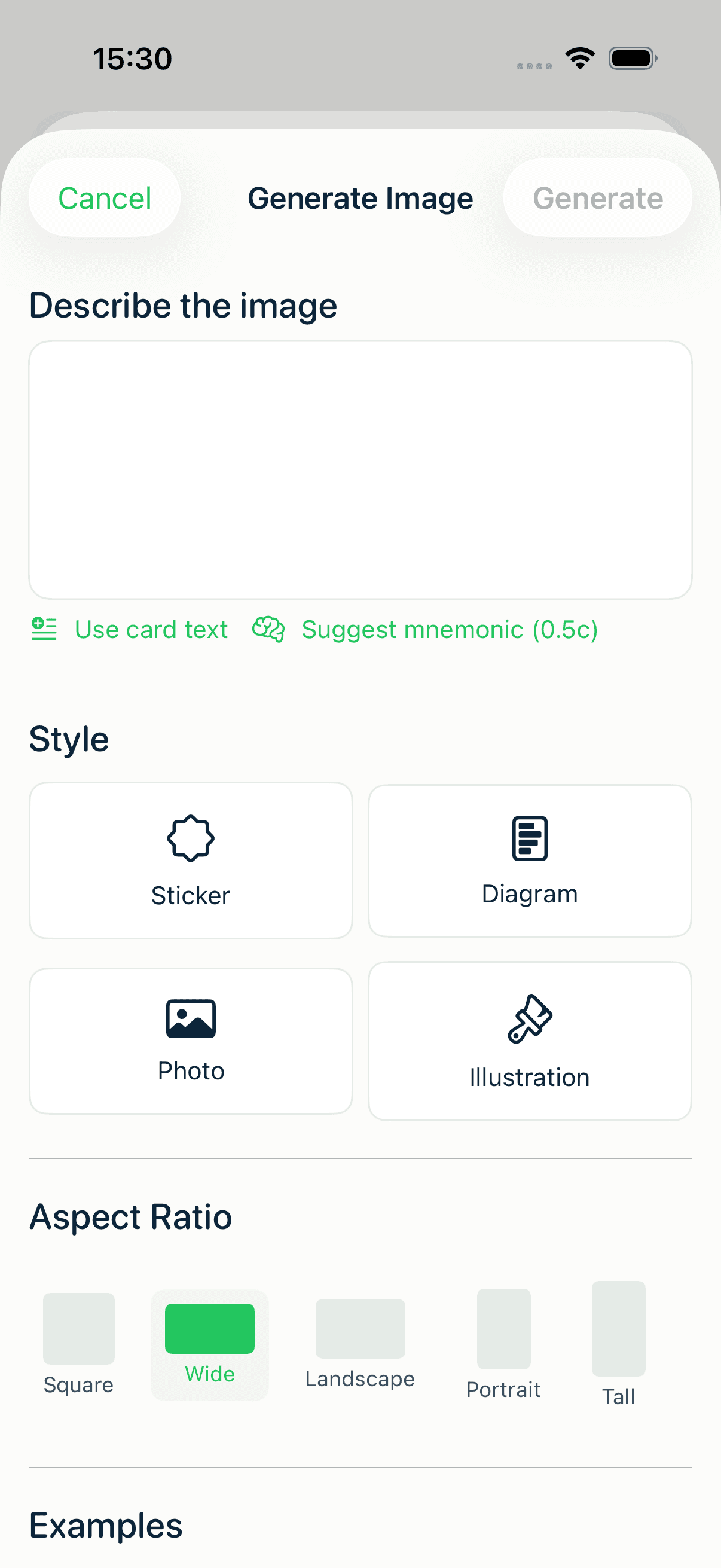 The MintDeck Generate Image sheet showing the "Suggest mnemonic" option