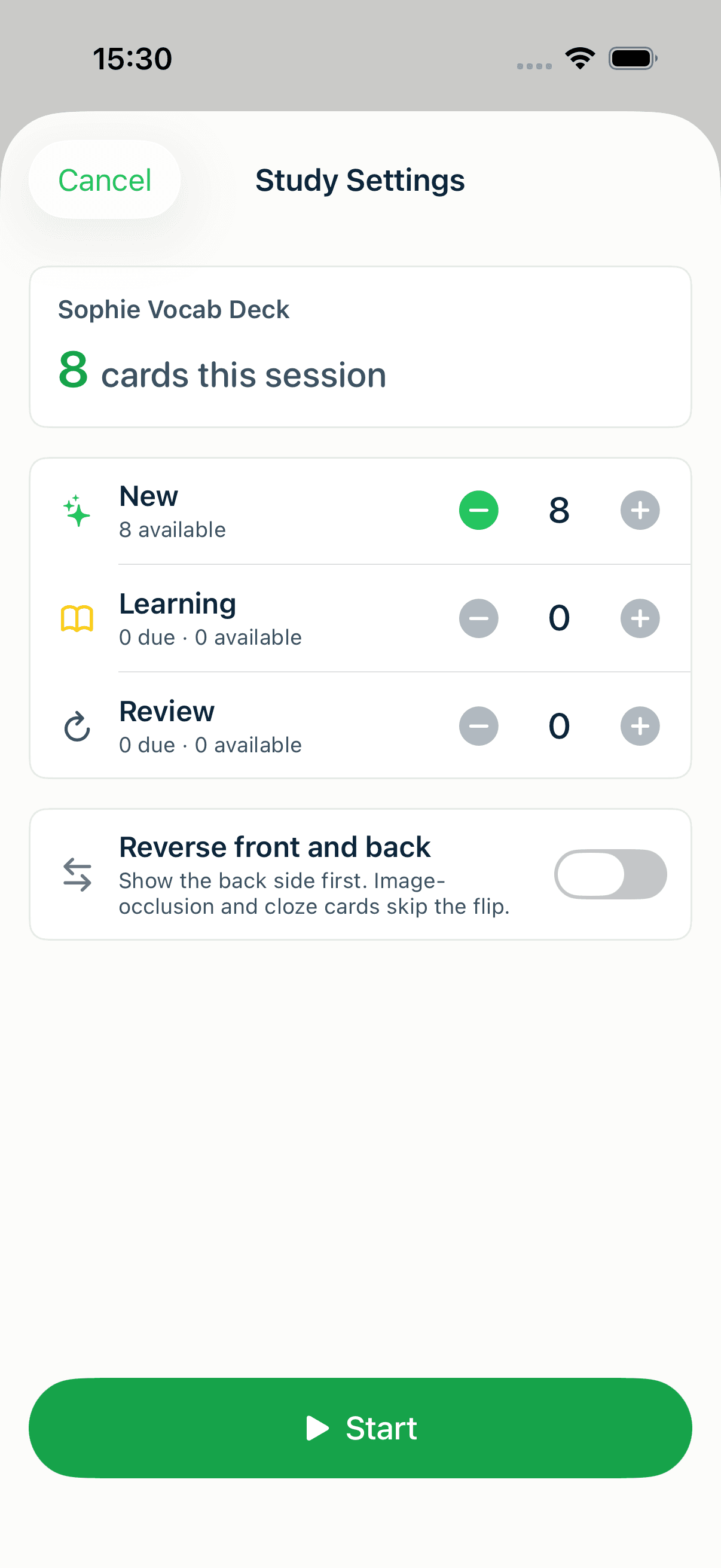 The Study Settings sheet with the Reverse front and back toggle and its caveat