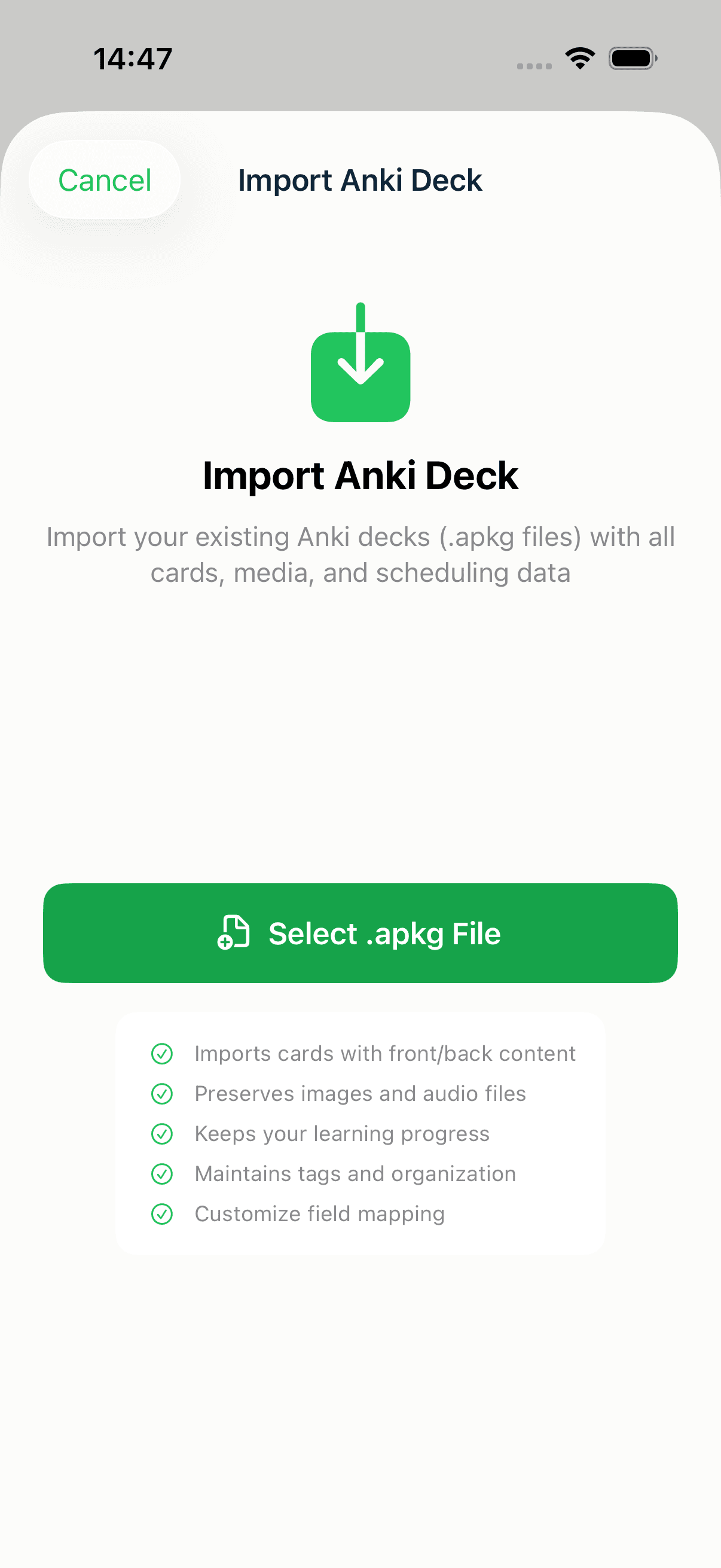 The MintDeck Anki import screen listing what carries over, with a Select .apkg File button