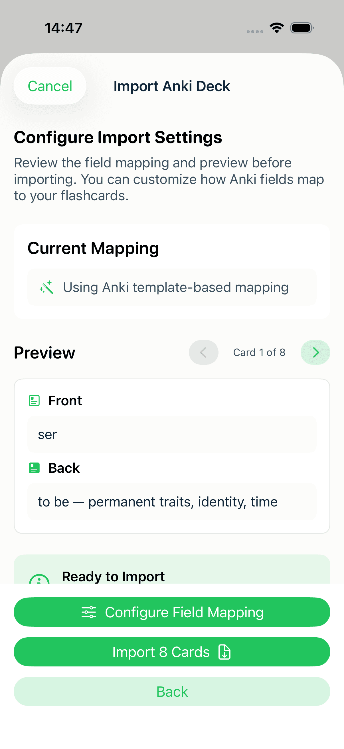 The MintDeck Anki import settings screen showing template-based field mapping and a card preview