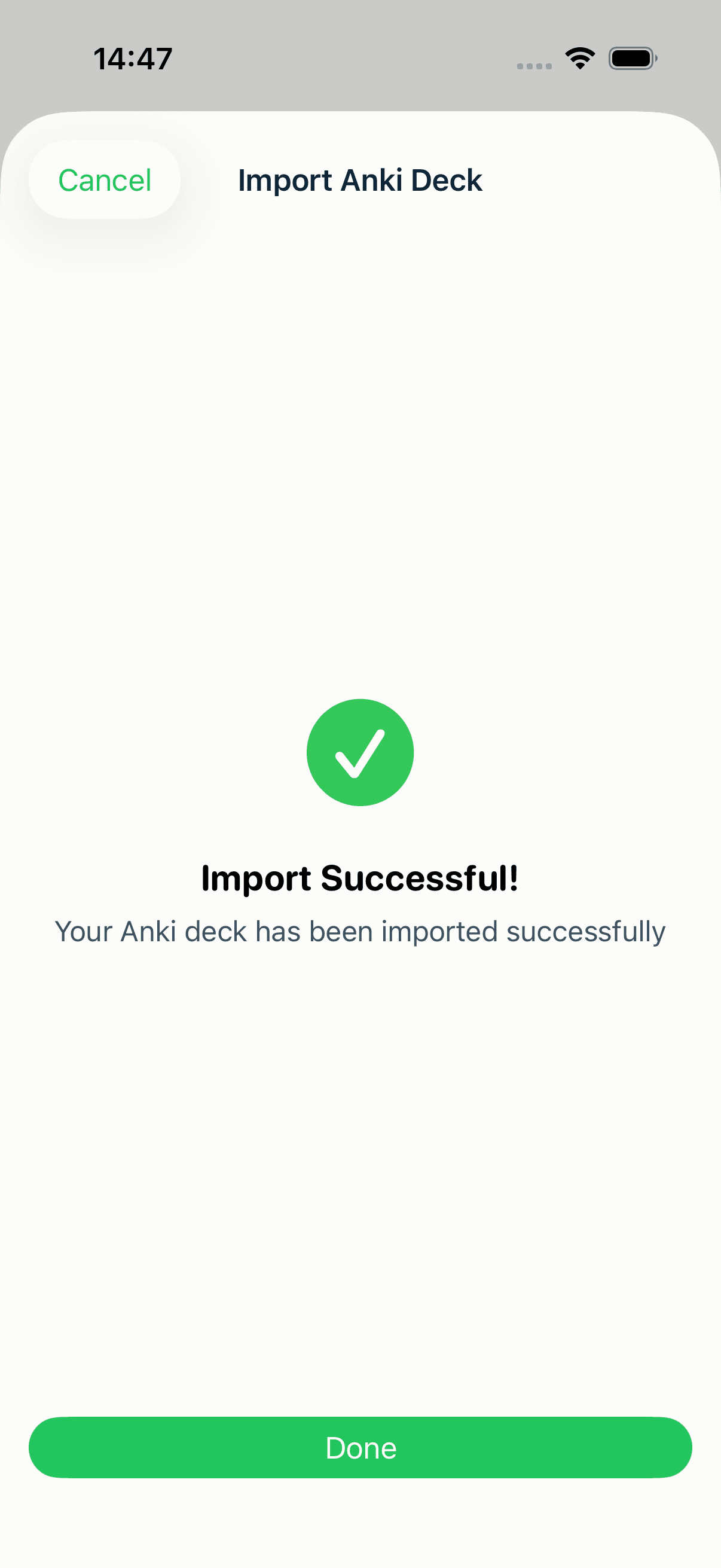 The MintDeck import success screen reading Import Successful, Your Anki deck has been imported successfully