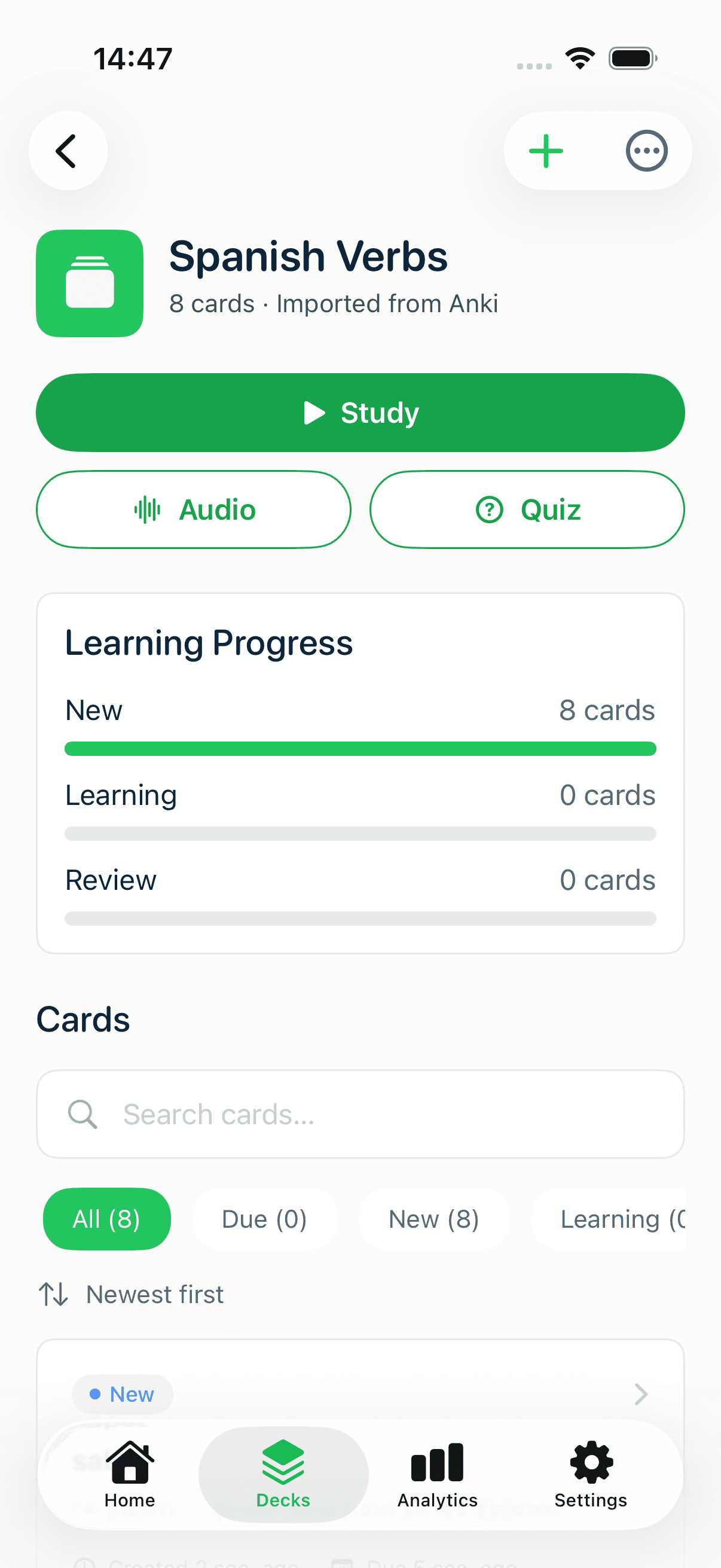 The imported Spanish Verbs deck overview in MintDeck, labeled Imported from Anki, with the schedule intact