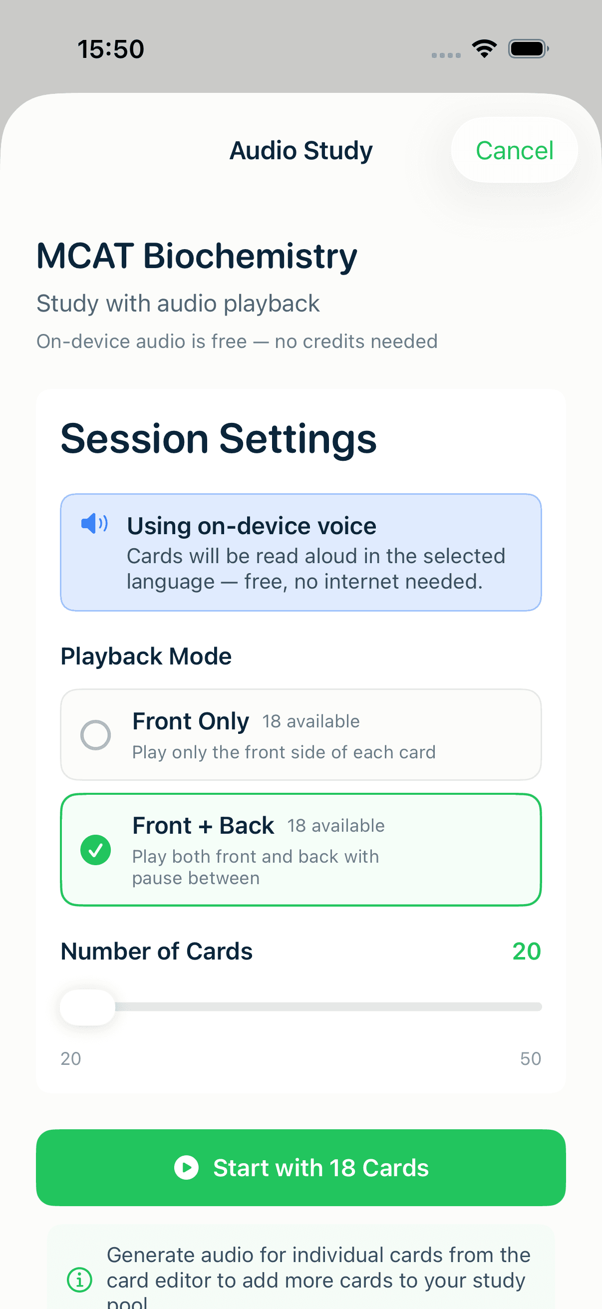 The MintDeck Audio Study configuration screen with playback mode and a card-count slider