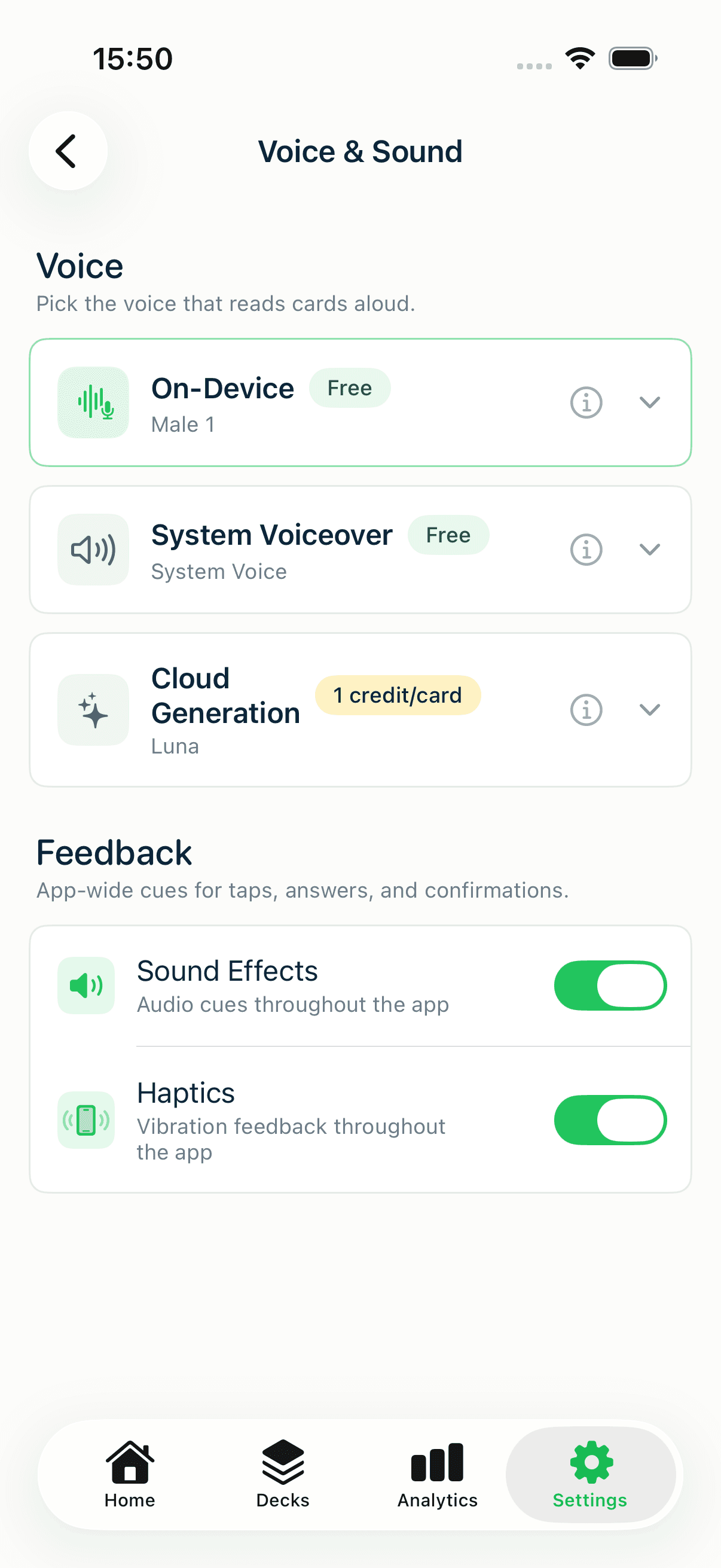 The MintDeck Voice & Sound settings showing On-Device and System Voiceover marked Free, and Cloud Generation priced per card