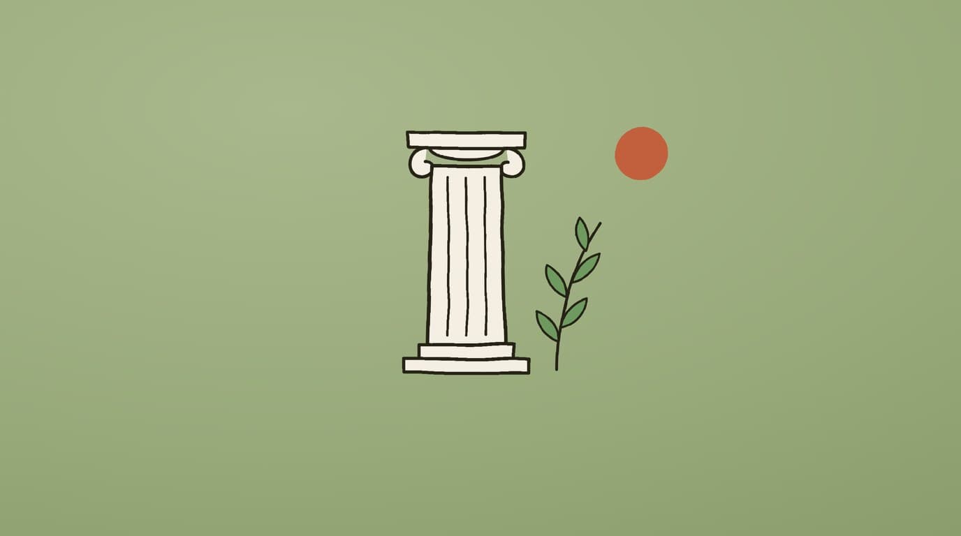 Illustration of a classical column with a laurel sprig beside it under an orange sun