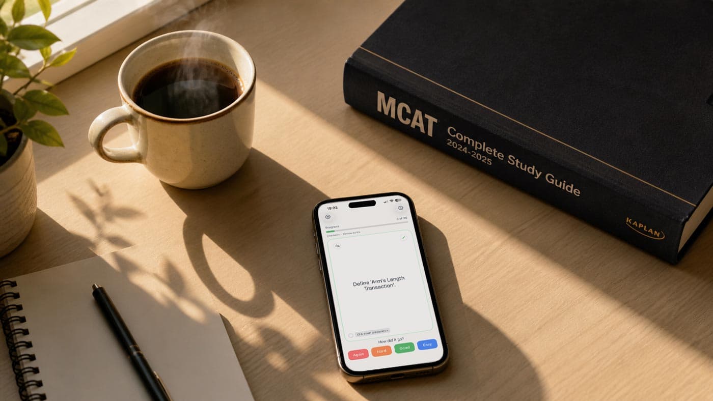 CFA candidate studying with flashcard app on iPhone, with Schweser notes and financial charts on a desk
