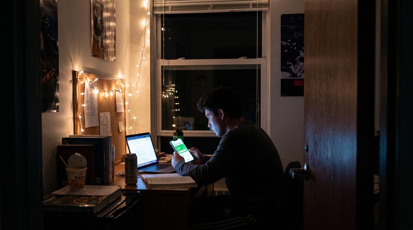 College student studying with AI-powered flashcard app on iPhone during finals season