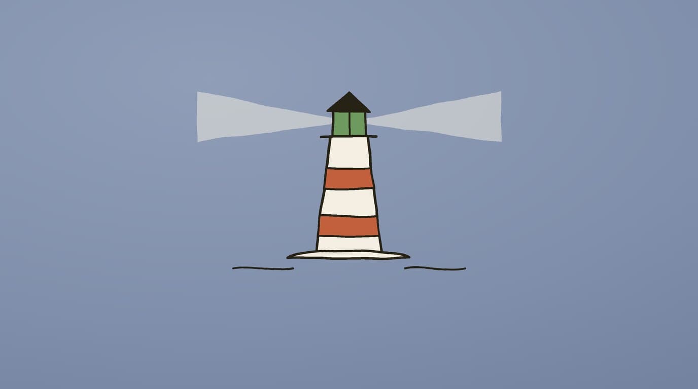 Illustration of a striped lighthouse casting beams of light over the sea