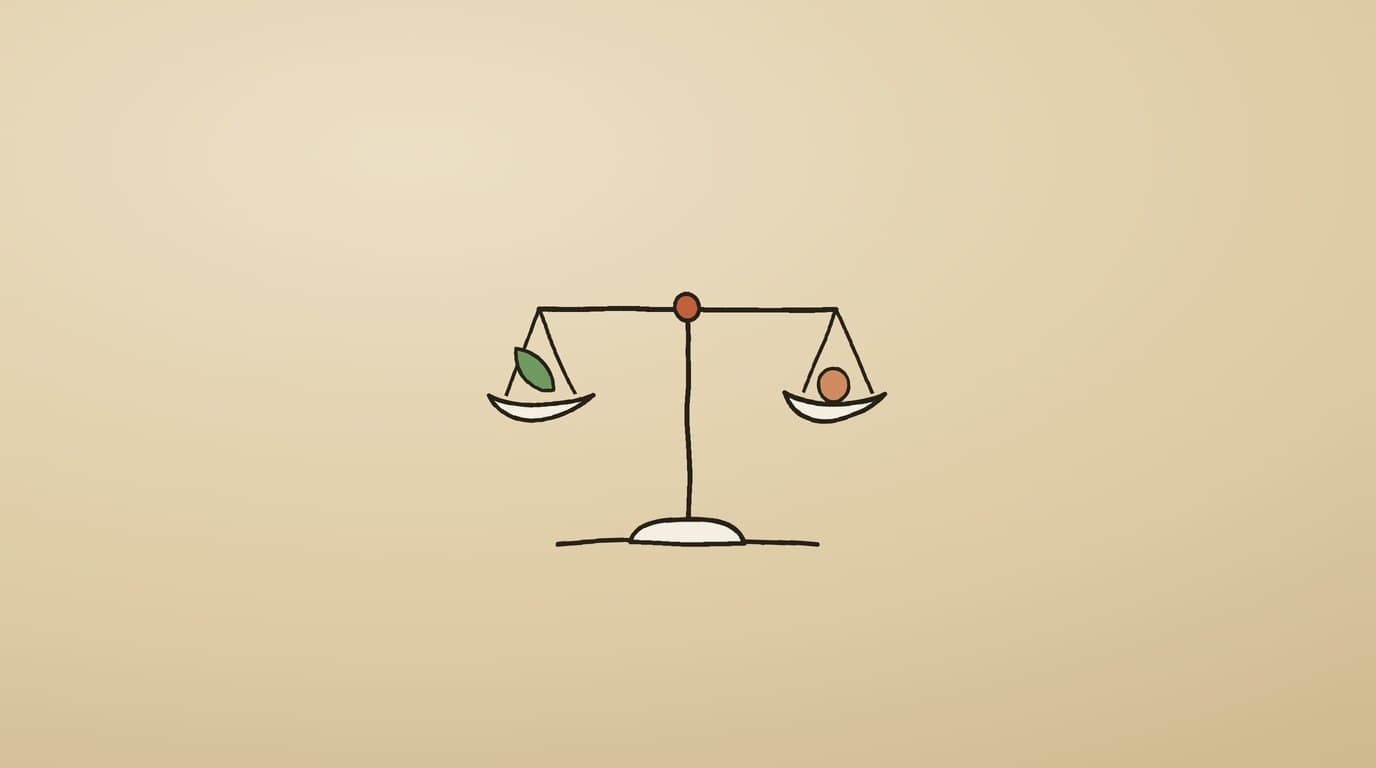 Hand-drawn balance scale holding a leaf and a coin — an abstract illustration on a warm sand background