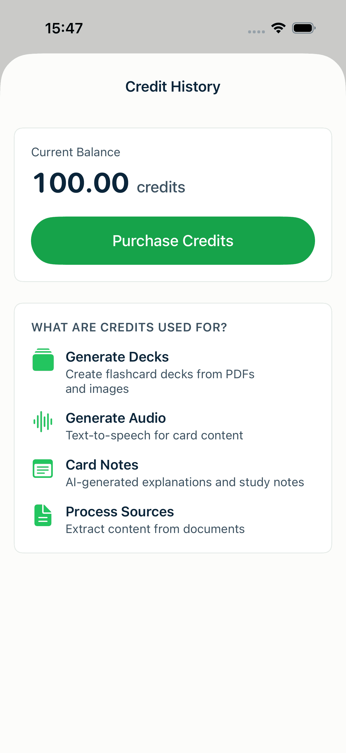 The MintDeck Credit History screen showing the current balance and what credits are used for