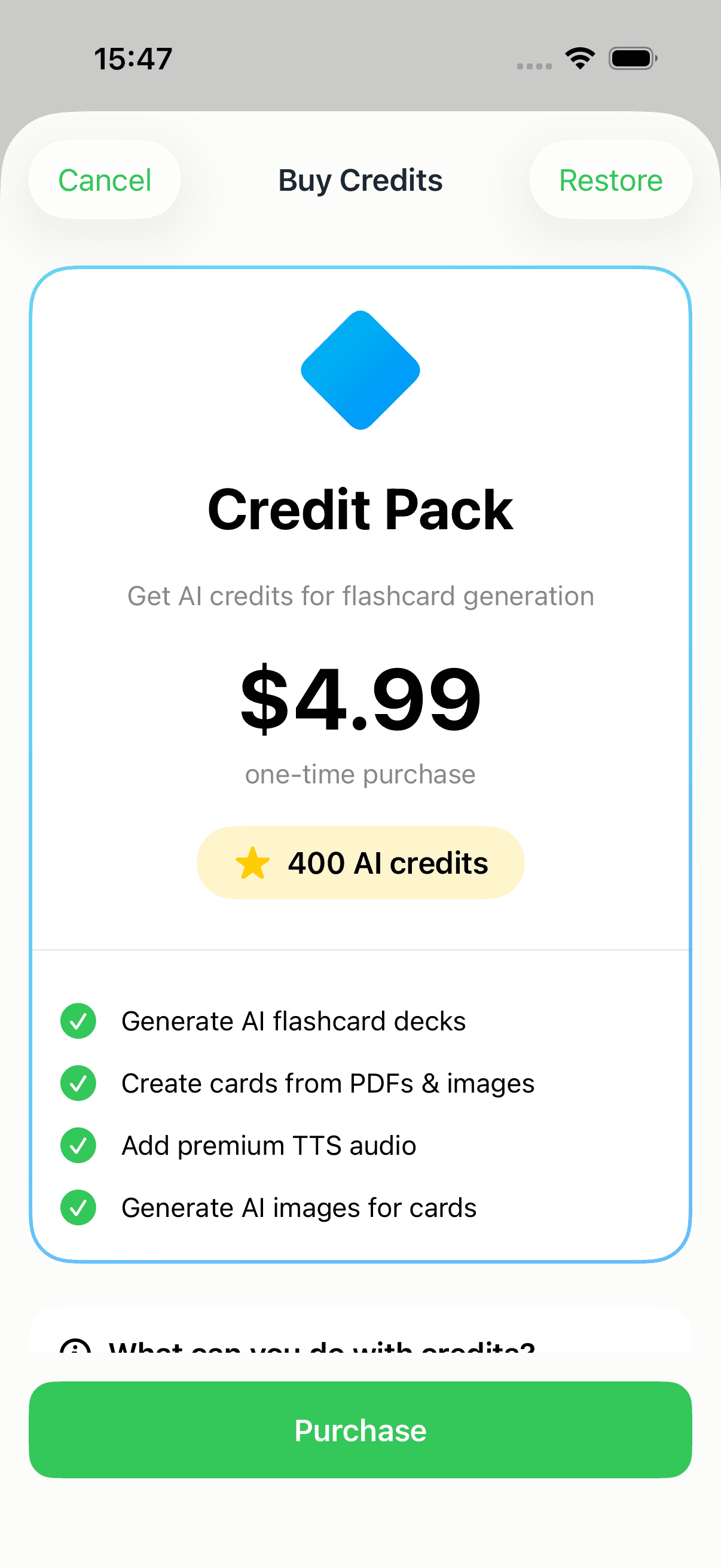 The MintDeck Buy Credits screen showing a one-time 400-credit pack for $4.99