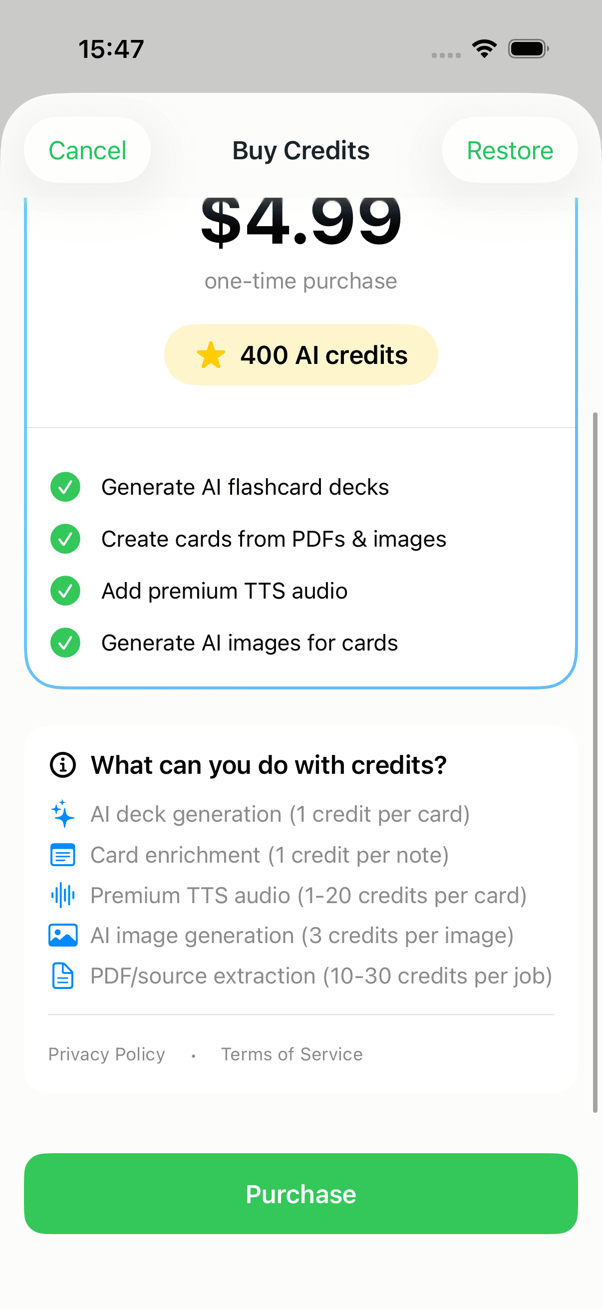 The Buy Credits info panel listing what credits can be used for, with per-action prices