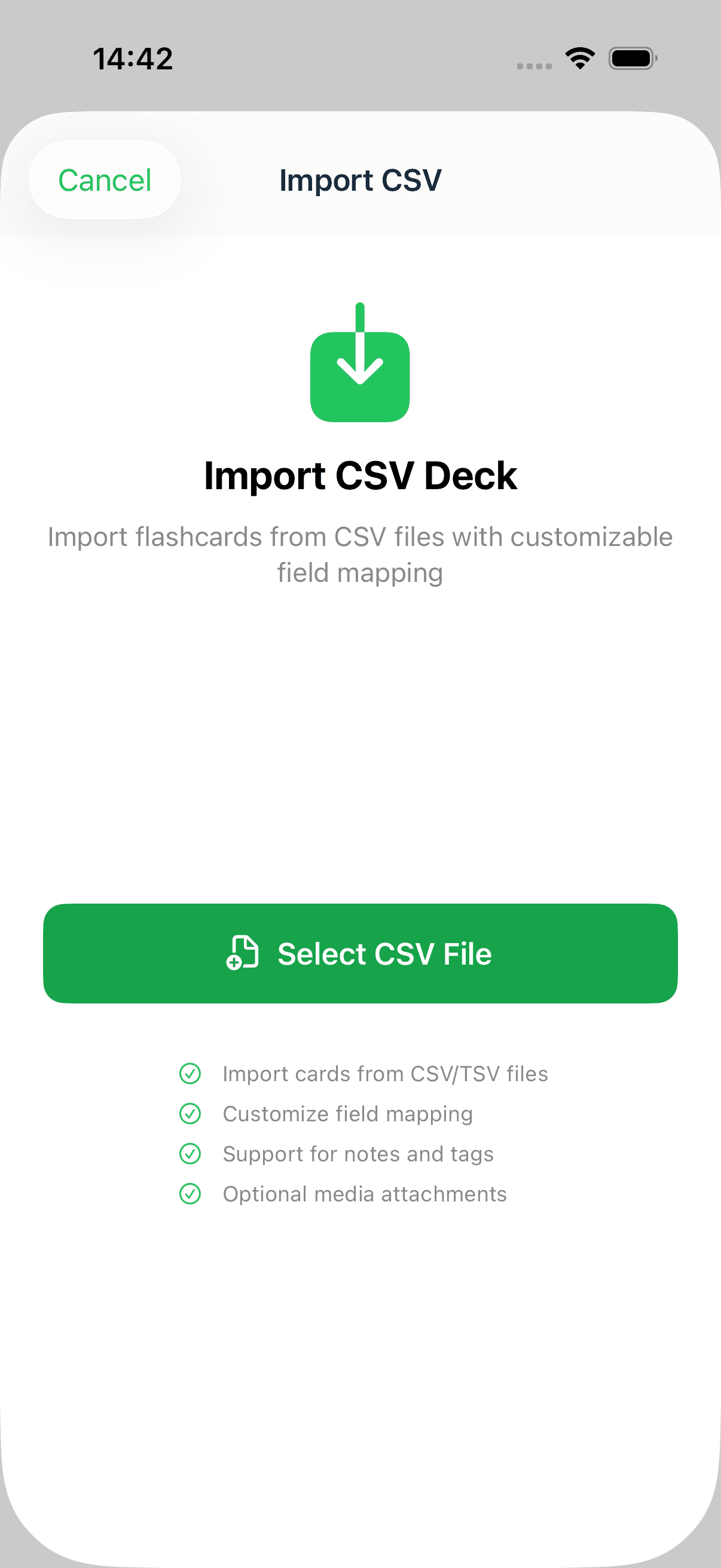 The MintDeck CSV import screen with a Select CSV File button