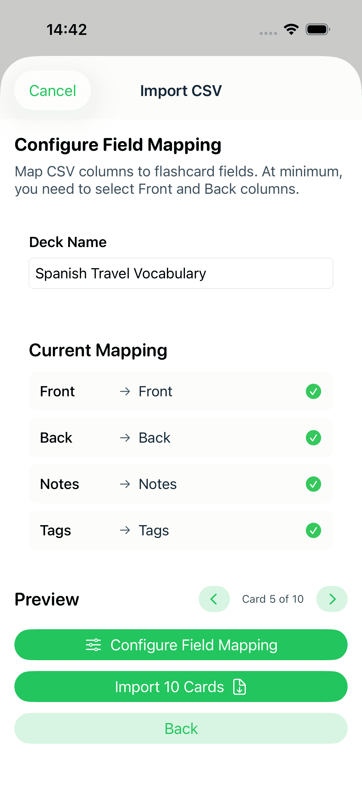 The MintDeck field-mapping screen showing Front, Back, Notes, and Tags columns mapped to flashcard fields, with a card preview