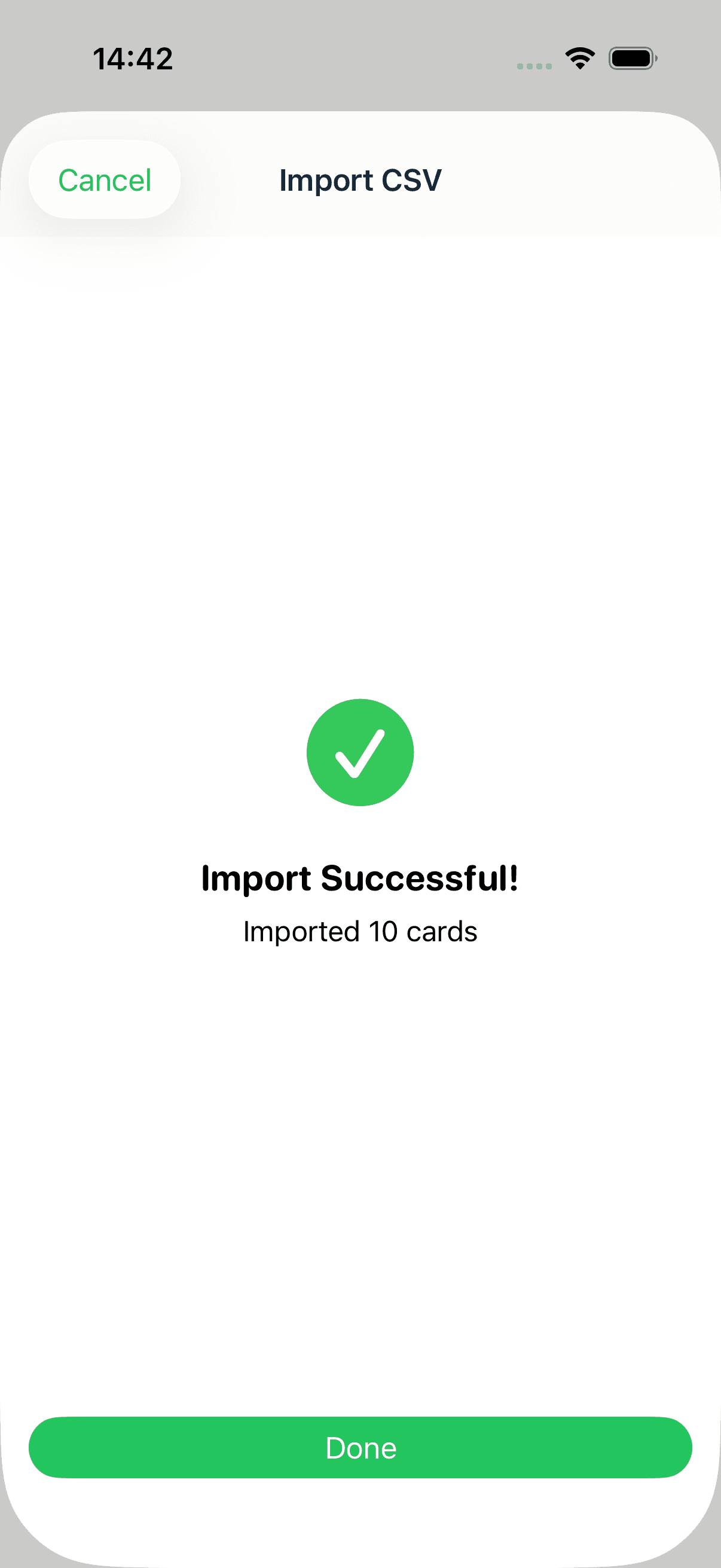 The MintDeck import success screen reading Import Successful, Imported 10 cards