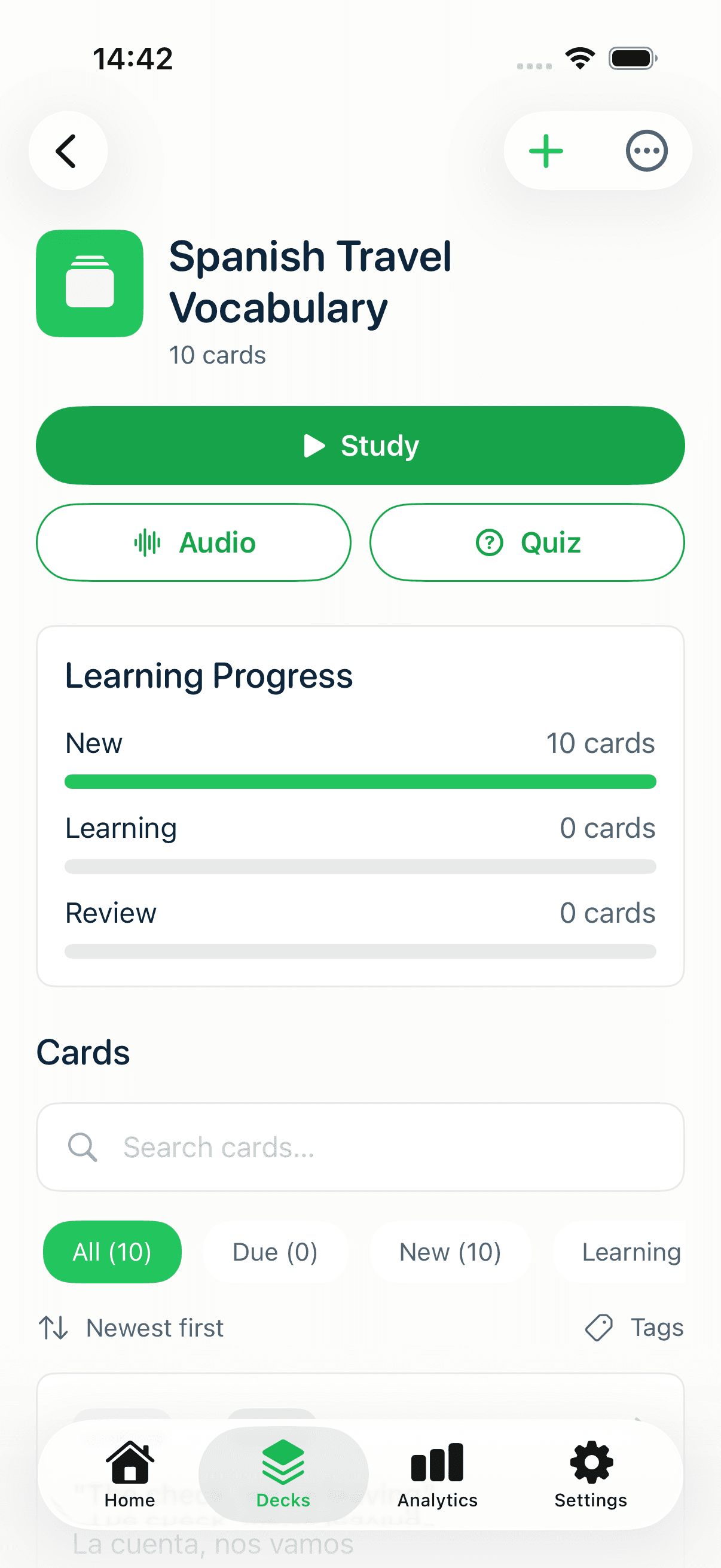 The imported Spanish Travel Vocabulary deck overview in MintDeck showing 10 cards