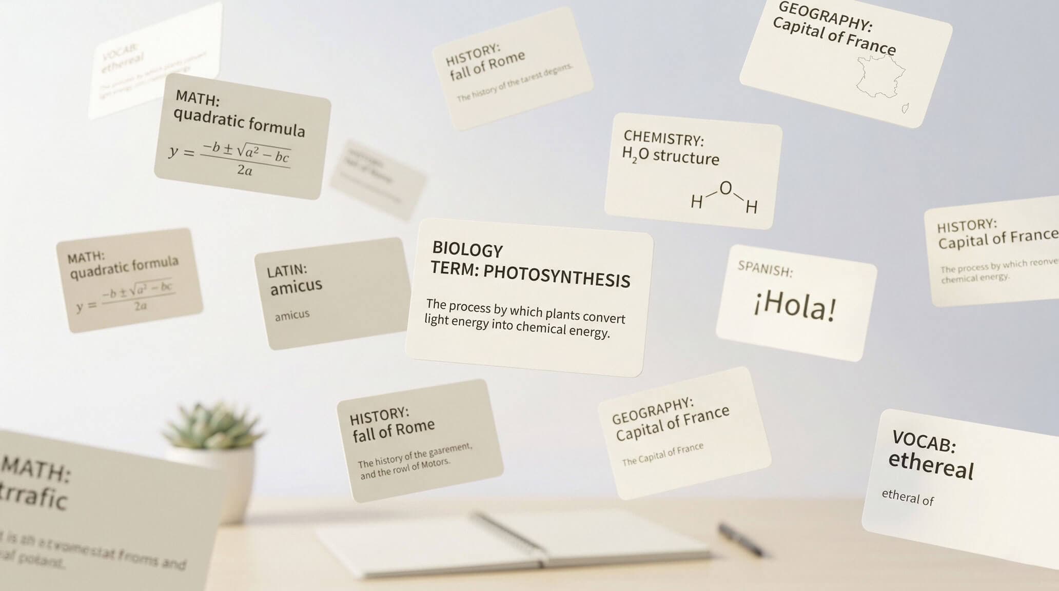 Flashcards floating above a desk showing various study subjects including math, biology, history, and languages