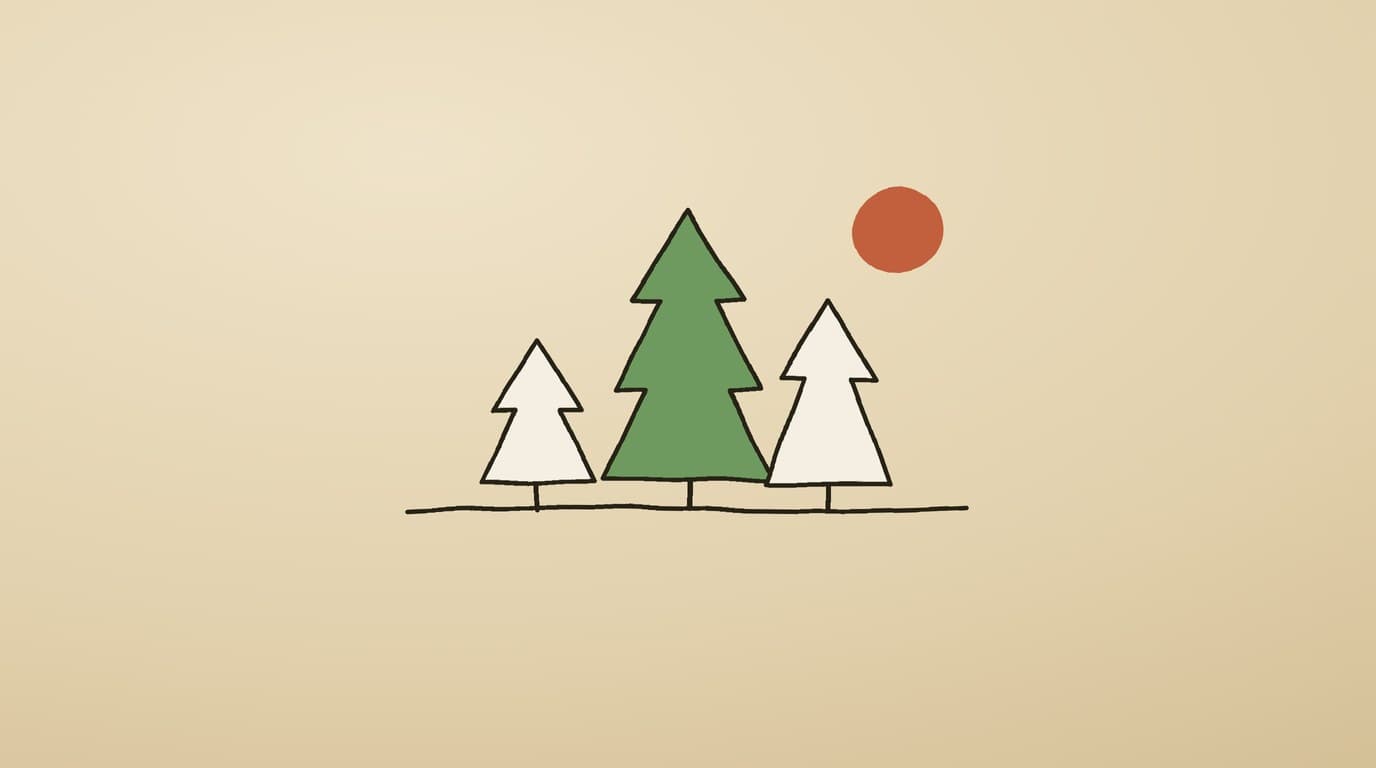 Illustration of three pine trees under a low orange sun