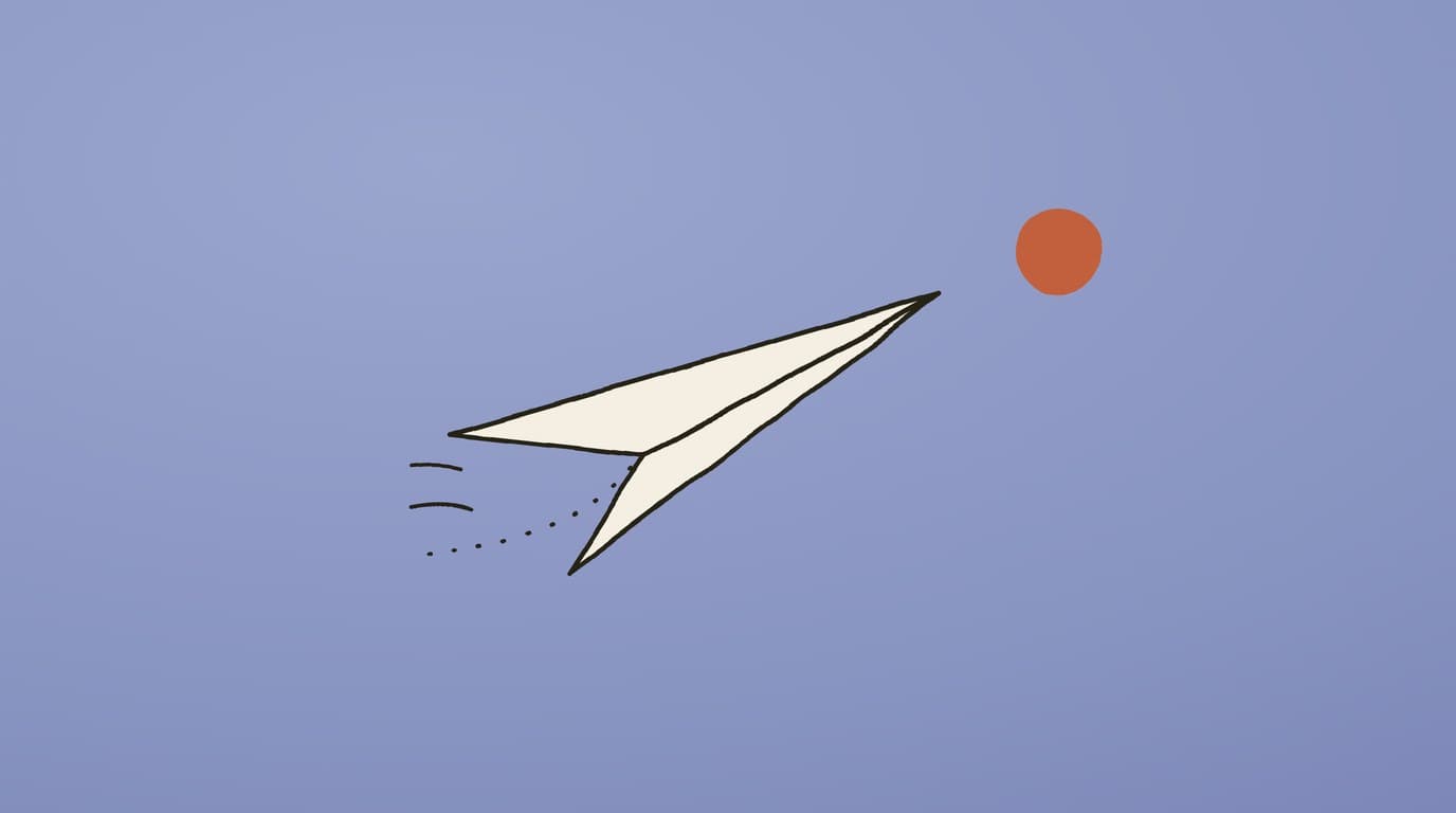Hand-drawn paper airplane rising toward a small sun — an abstract illustration on a soft periwinkle background
