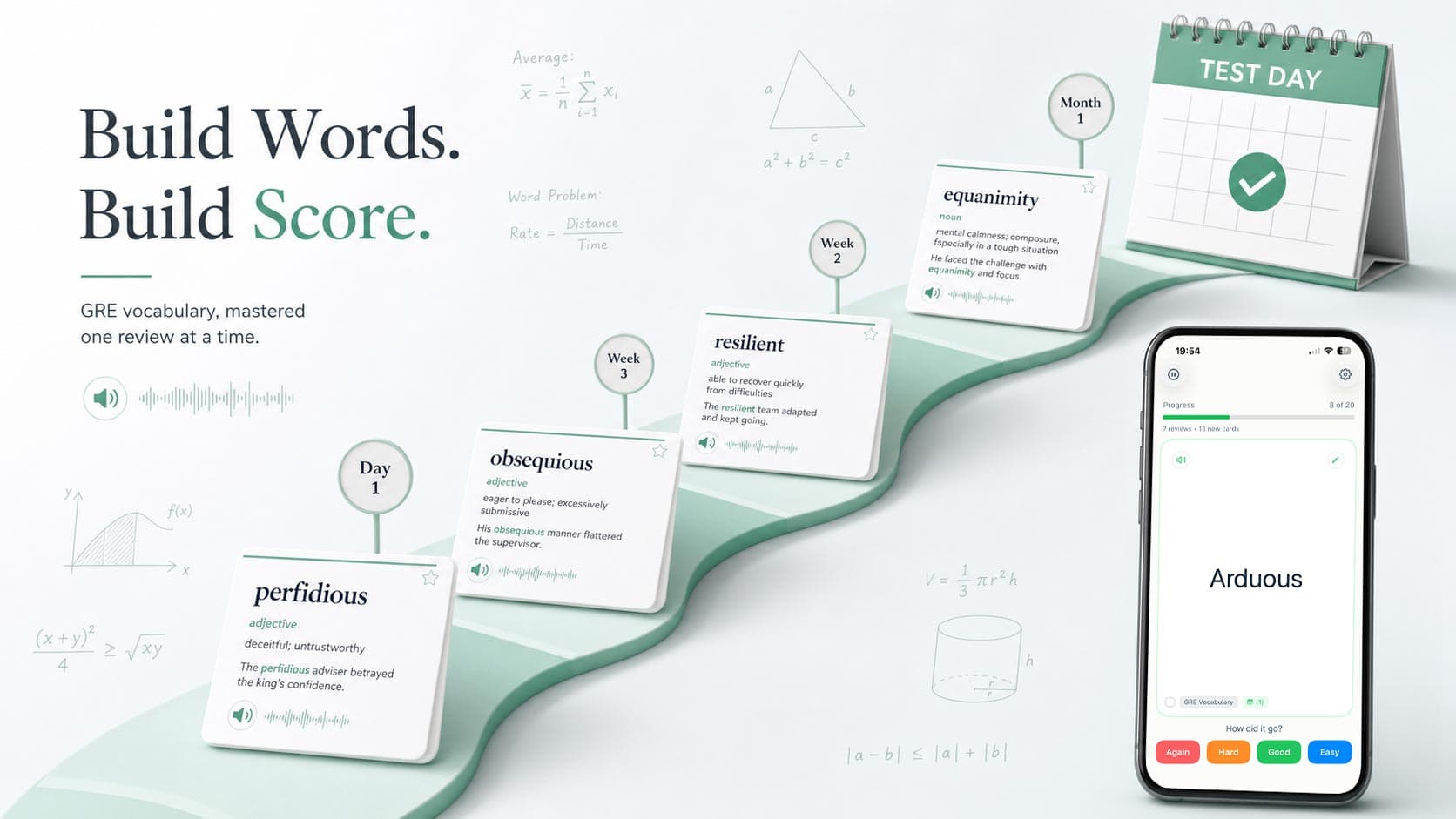 GRE vocabulary flashcards — curious, reflect, steady, grow, resilient — arranged along a stepping-stone path marked Day 1 through Day 5, illustrating spaced-repetition review