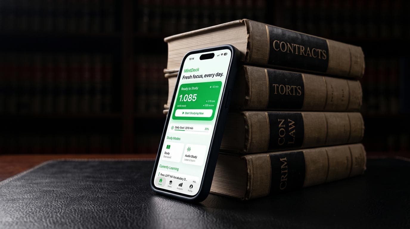Law student reviewing bar exam flashcards on iPhone at a library desk with law textbooks