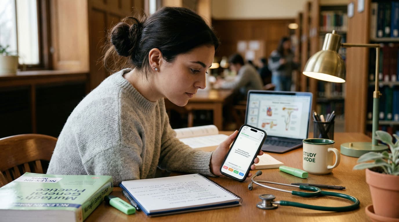Nursing graduate studying NCLEX-RN flashcards on iPhone at a library desk