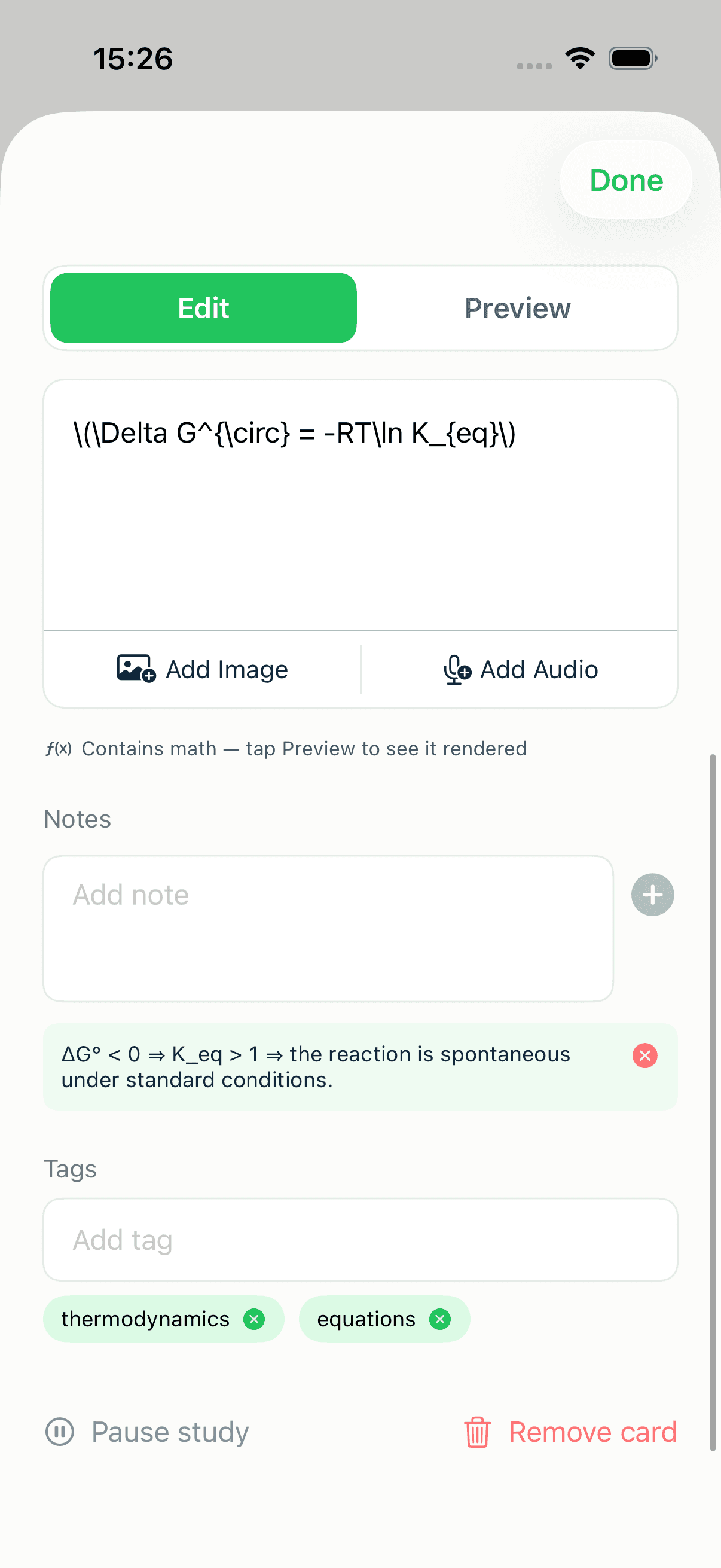 The MintDeck card editor showing a note and two tags on a card