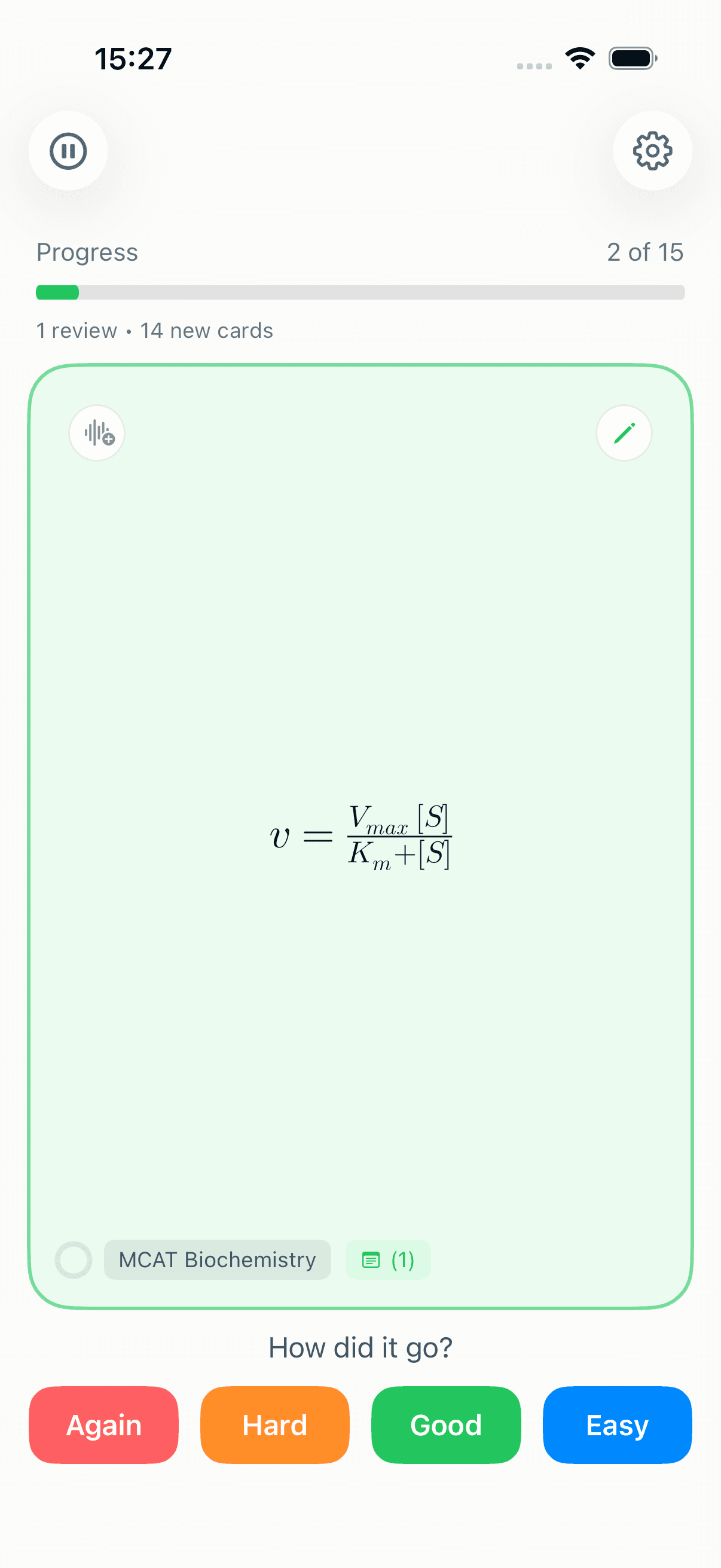 A study card rendering the Michaelis–Menten equation as real math