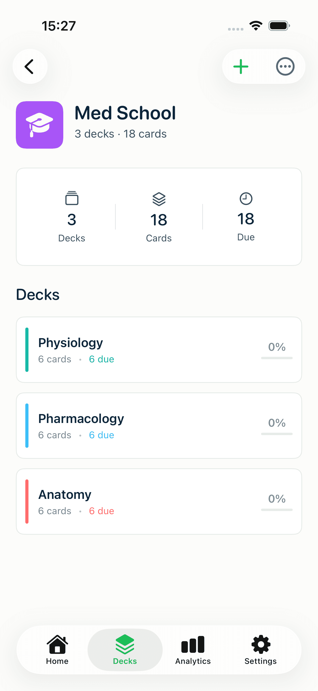 Inside a MintDeck folder: three subject decks with their own counts