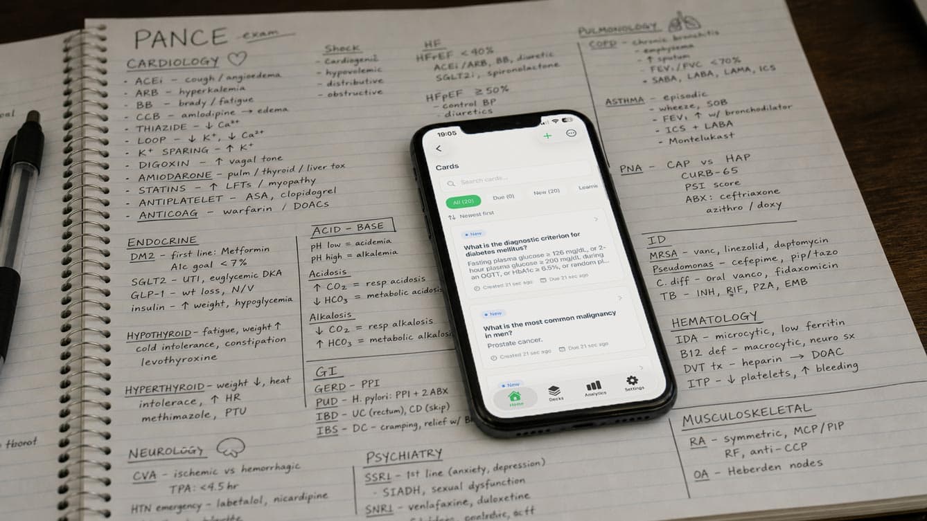 PA student studying with flashcard app on iPhone, with medical textbooks and stethoscope on a desk