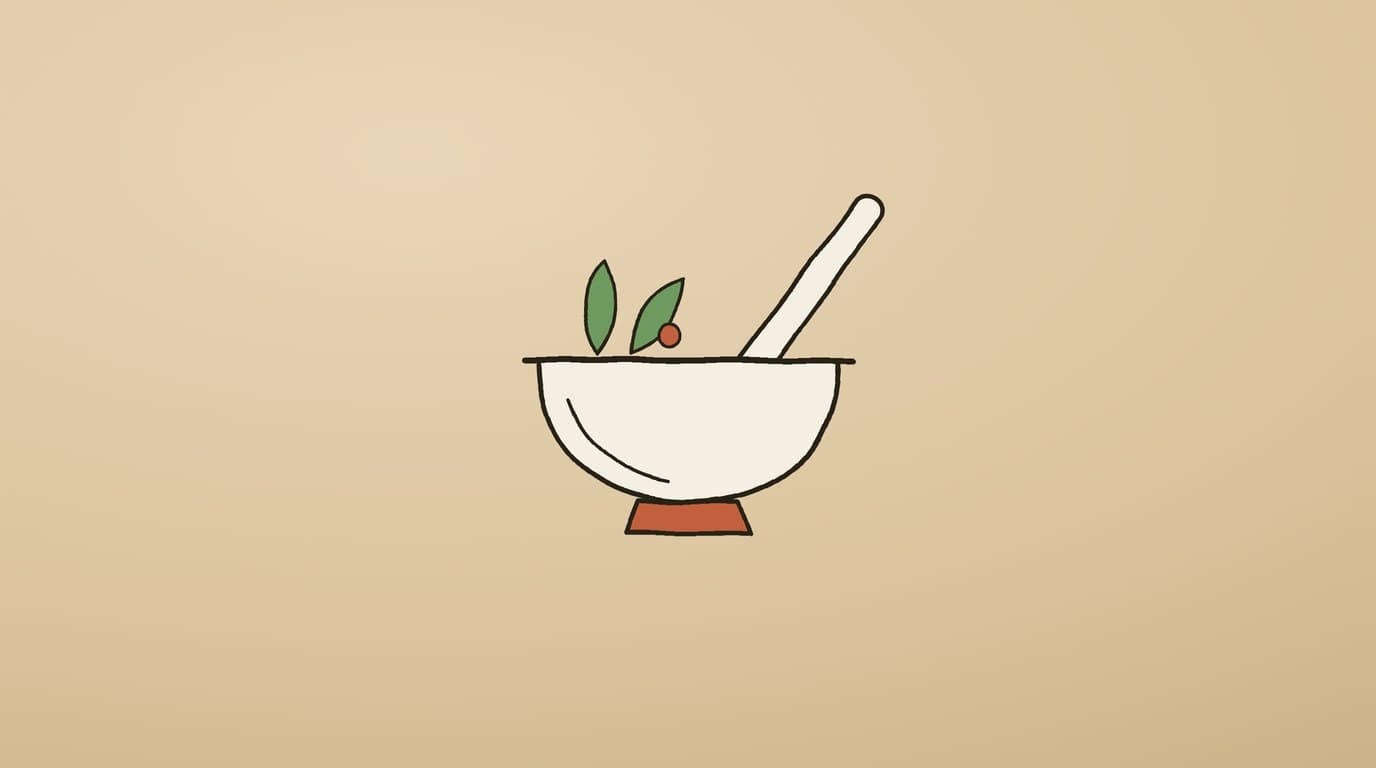 Illustration of a mortar and pestle with green herbs and a berry