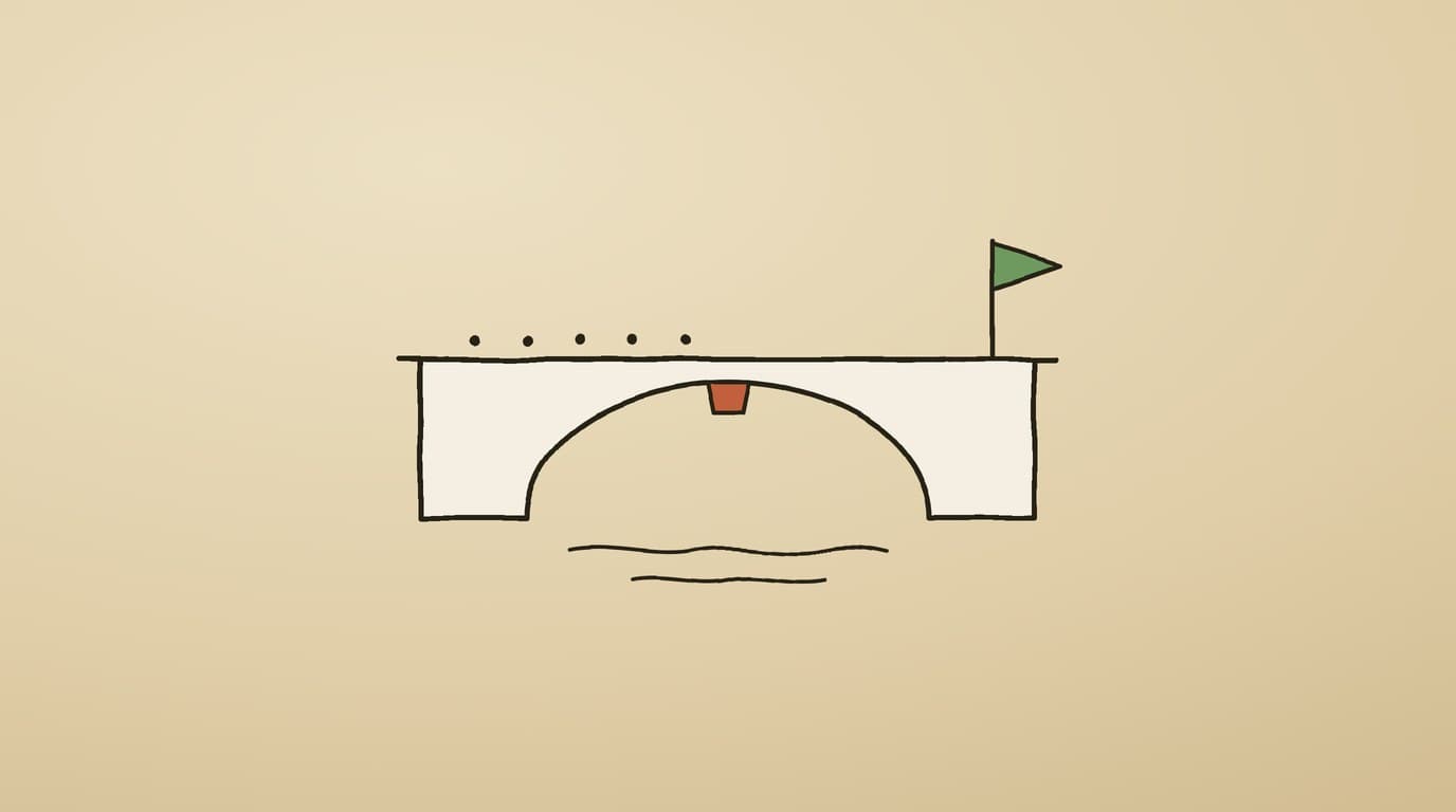 Illustration of a stone arch bridge over water with a green flag at the far end