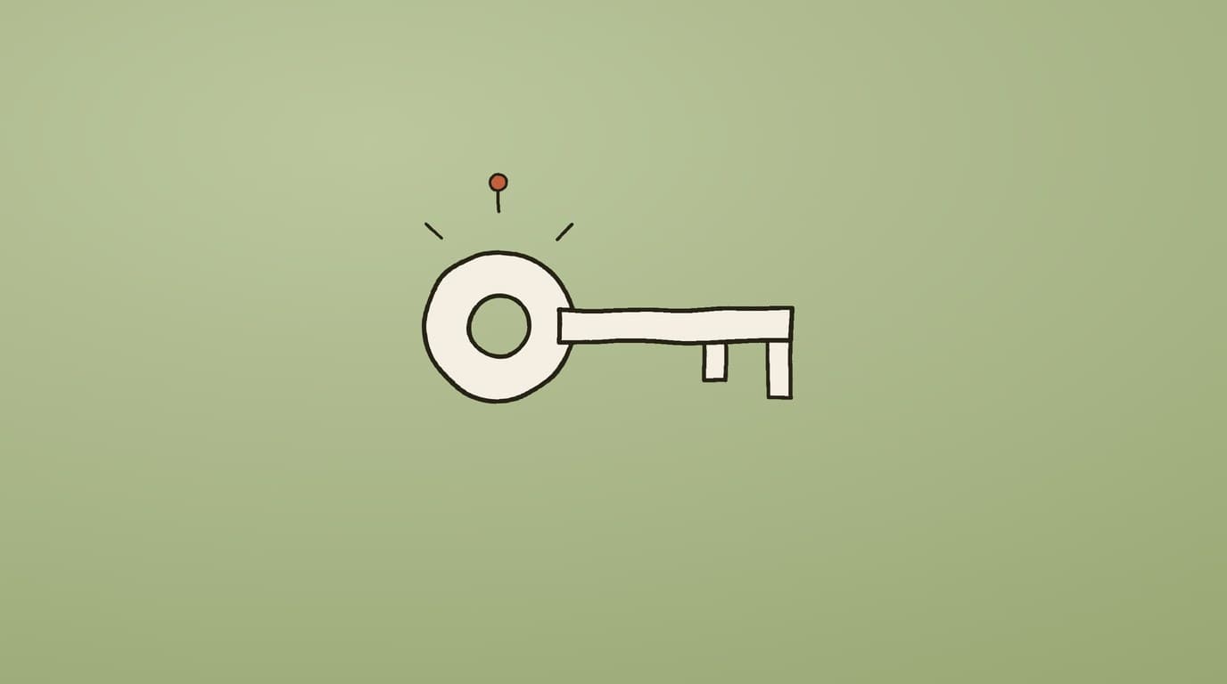 Hand-drawn key with a small radiant accent — an abstract illustration on a soft sage-green background
