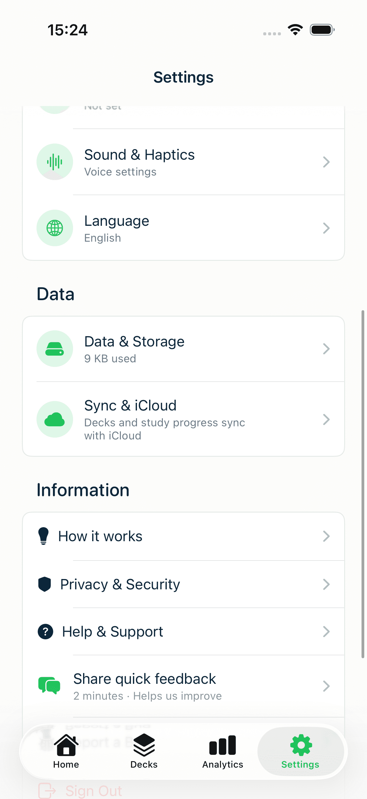 The Data and Information sections of MintDeck Settings
