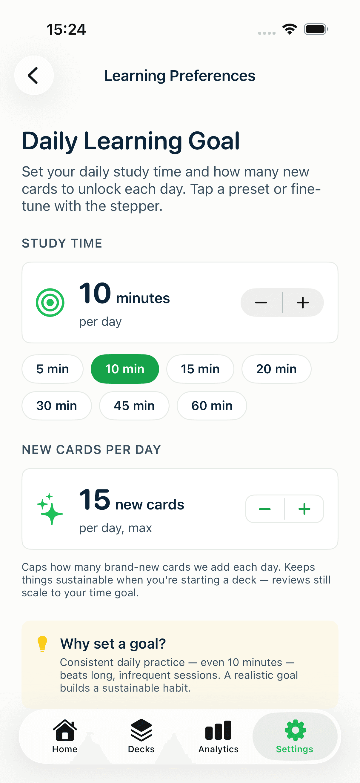 The Learning Preferences screen with a daily study-time goal and a new-cards-per-day limit
