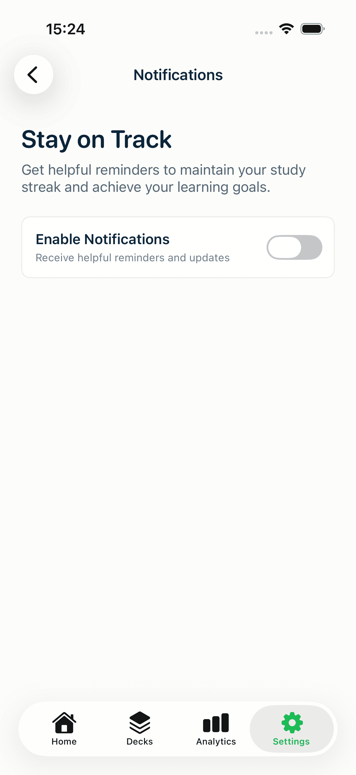 The MintDeck Notifications screen with the Enable Notifications toggle