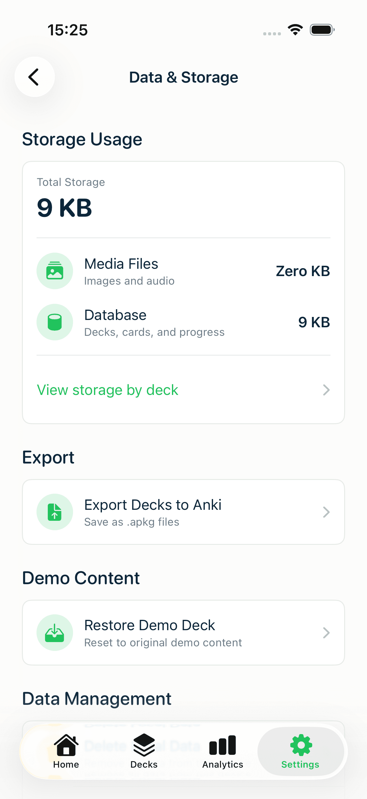 The Data & Storage screen with storage usage, export, and data-management options