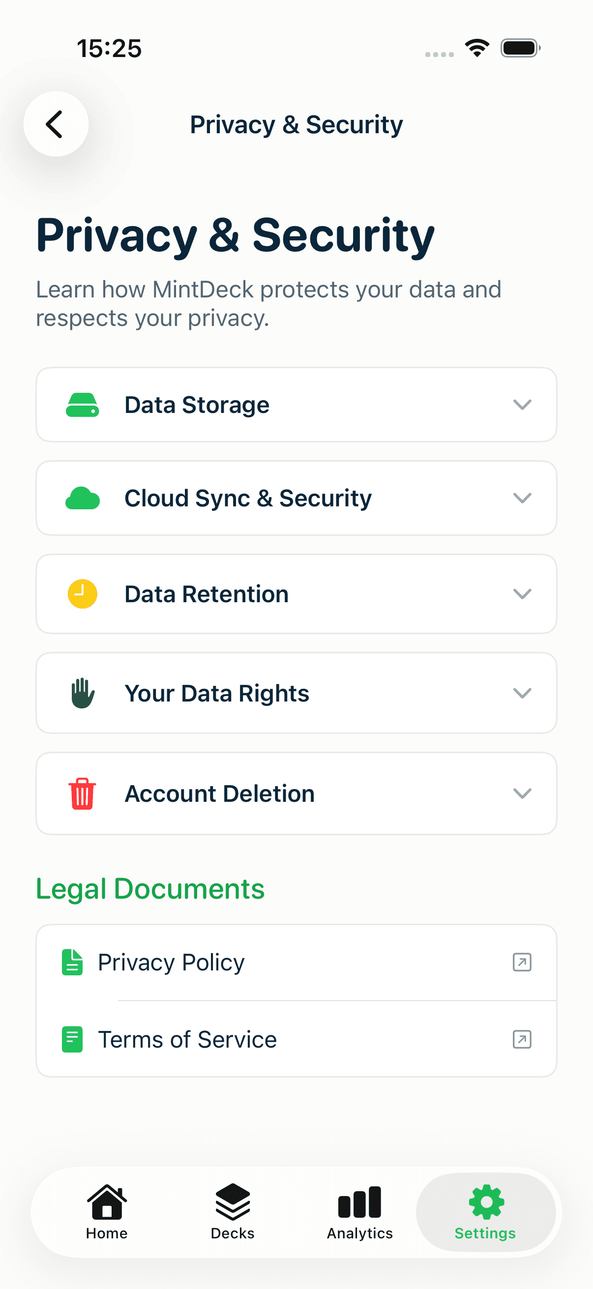 The Privacy & Security screen with expandable topics and legal document links