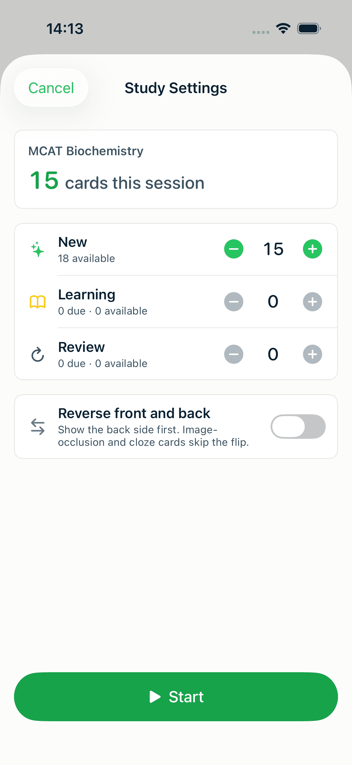 The MintDeck study settings sheet showing new, learning, and review card counts before a session