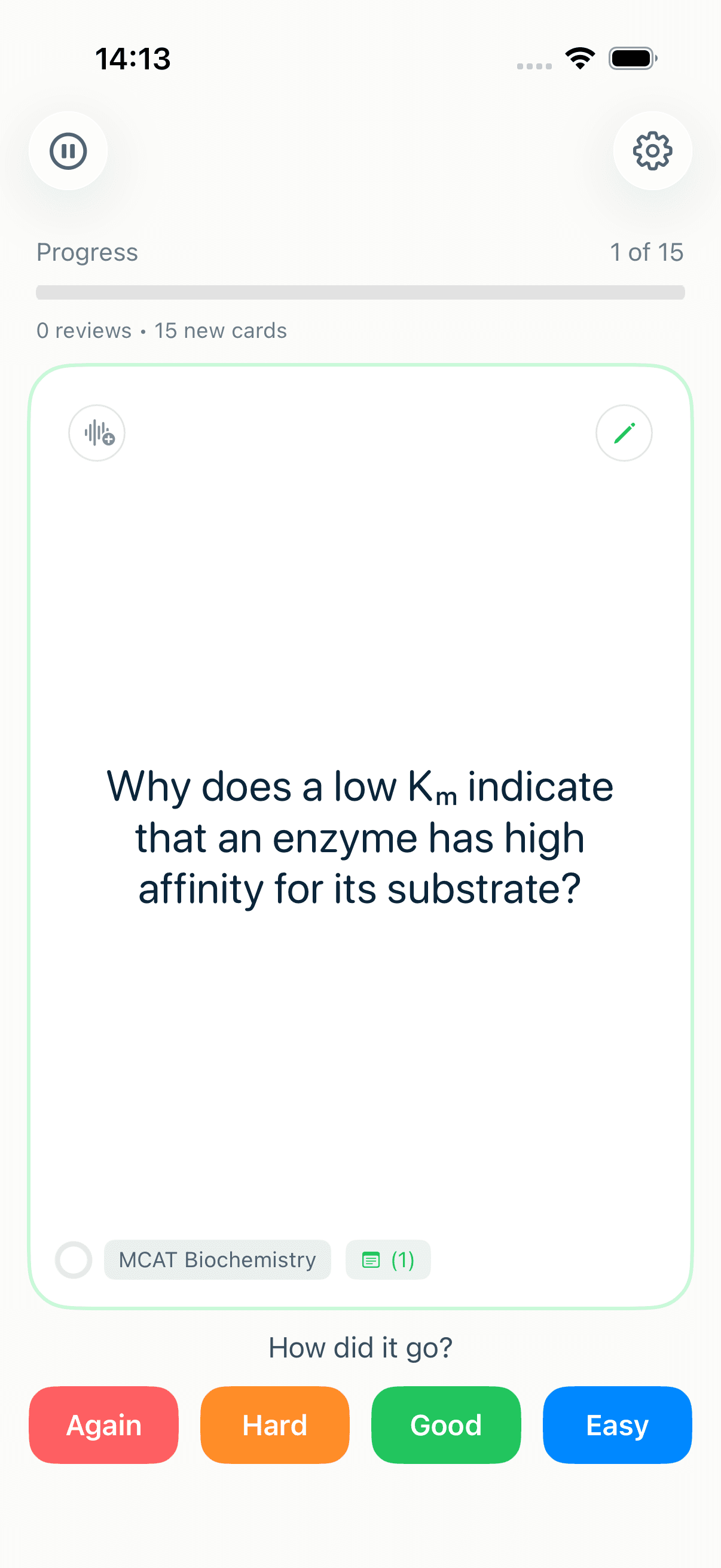 A MintDeck flashcard showing the question side during a study session