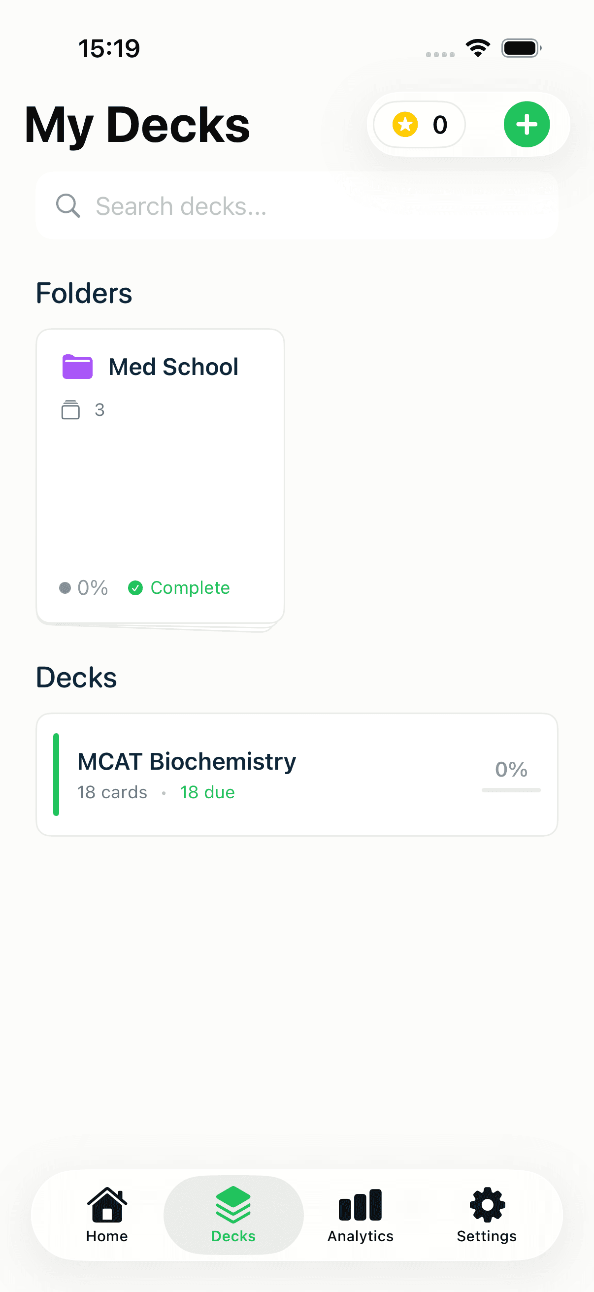 The Decks tab showing a course folder alongside a standalone deck