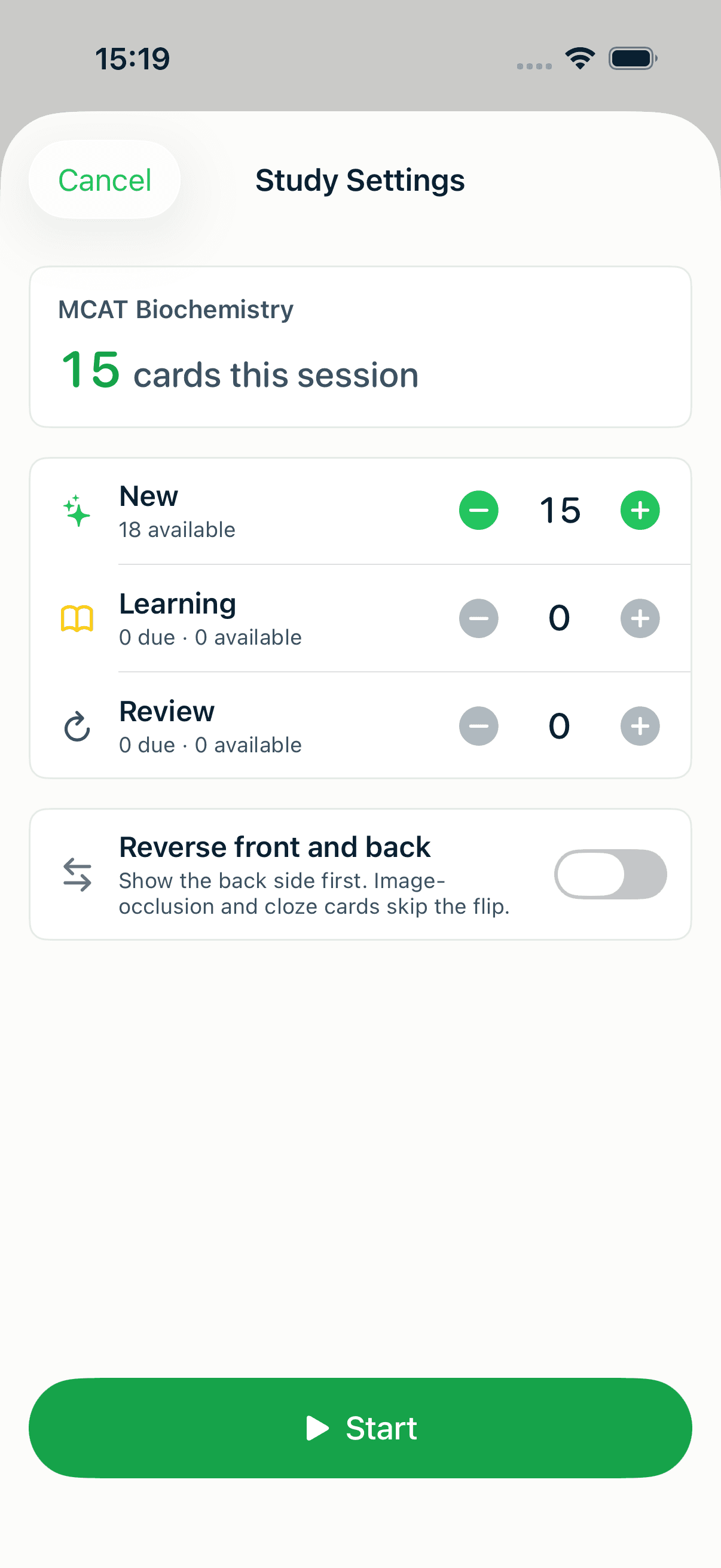 The pre-session study settings sheet showing New, Learning, and Review card counts