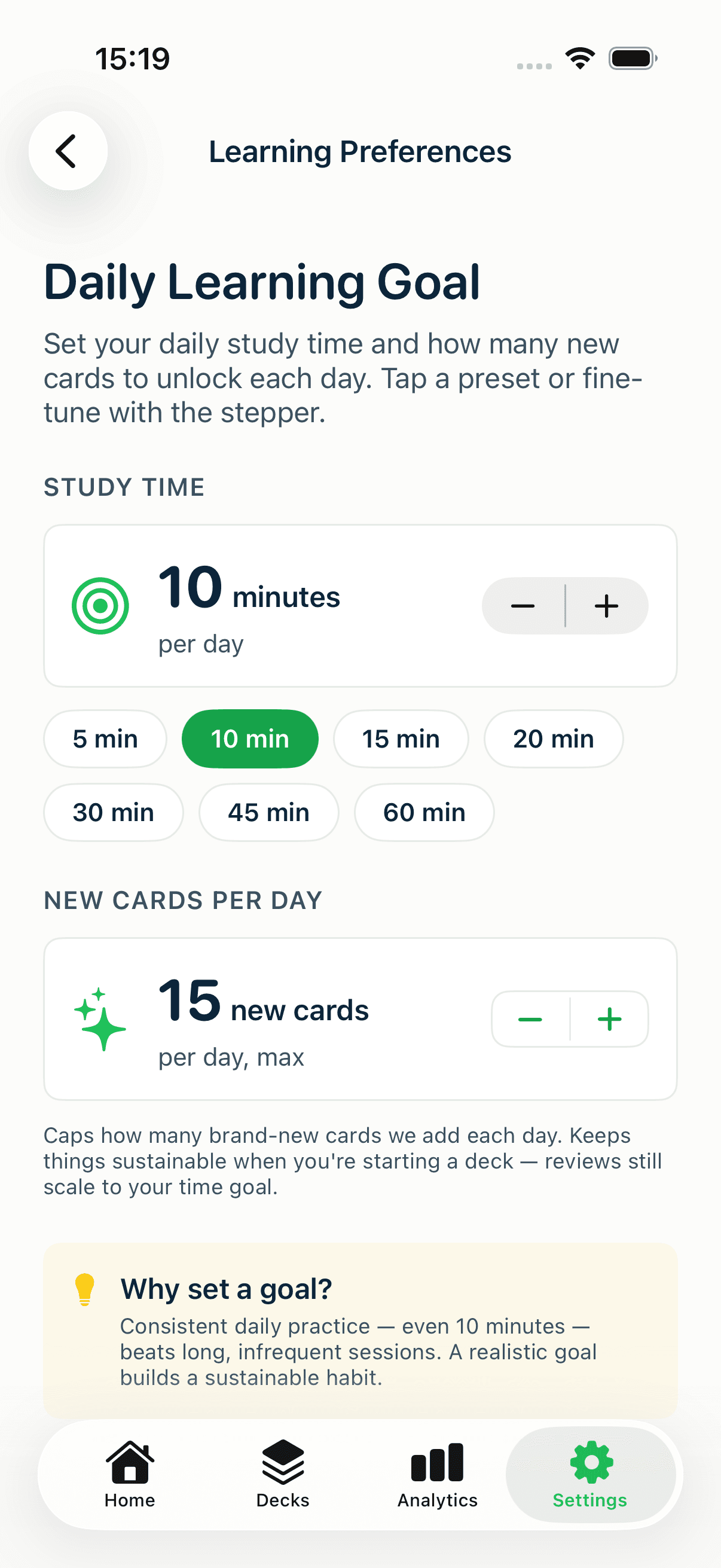 The Learning Preferences screen with a daily study-time goal and a new-cards-per-day limit