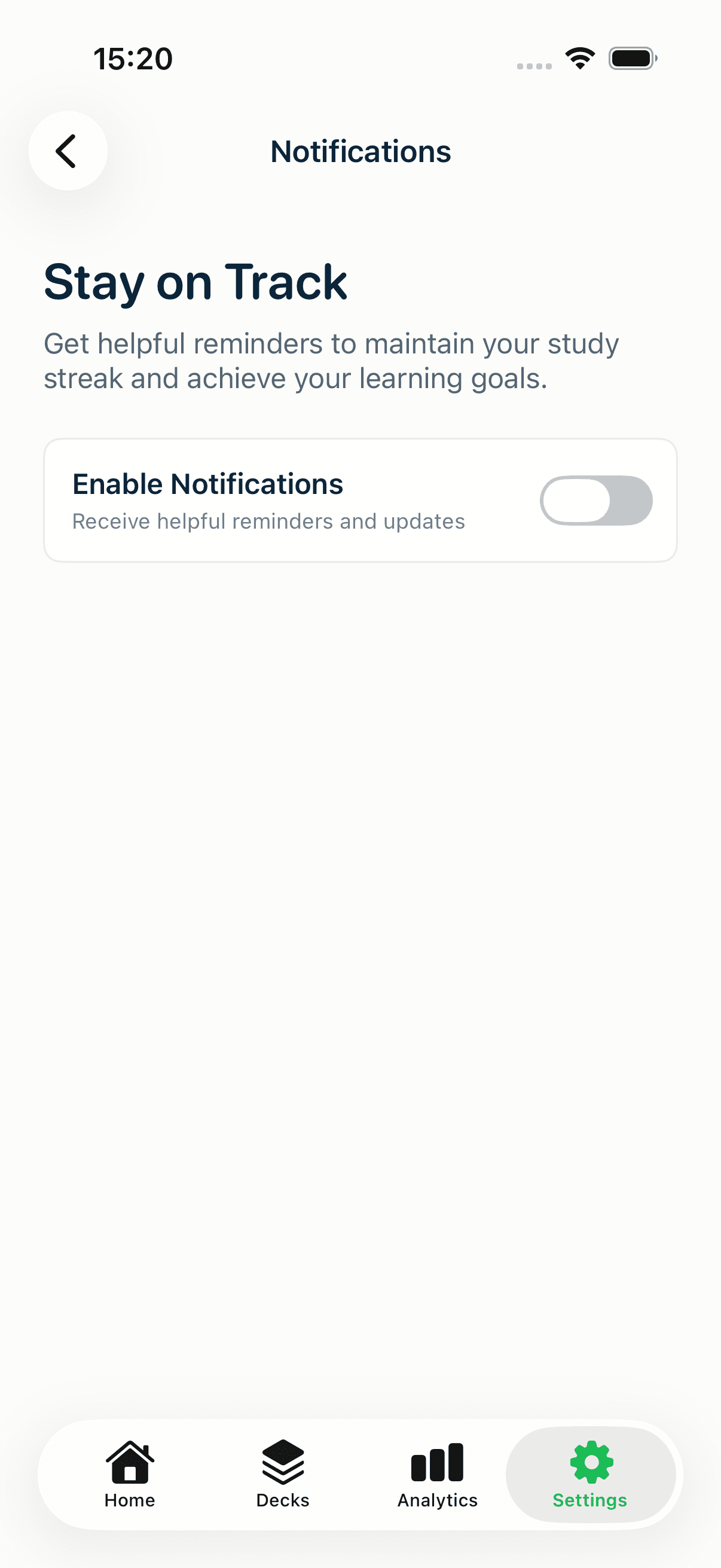 The Notifications screen where you enable study reminders